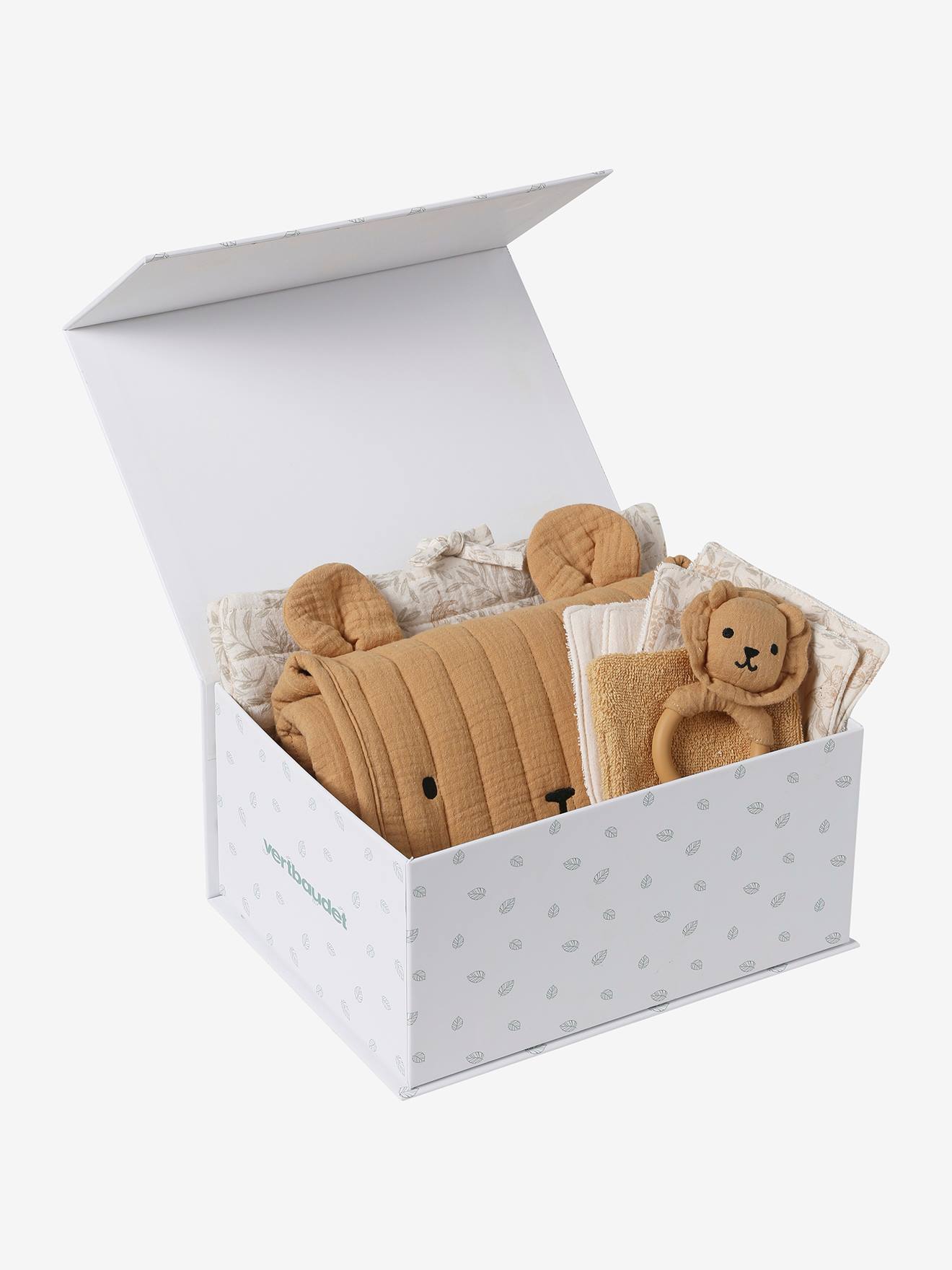 Coffret cadeau naissance 8 pièces : 1 hochet, 1 tapis à langer nomade, 5 lingettes, 1 pochette babylone