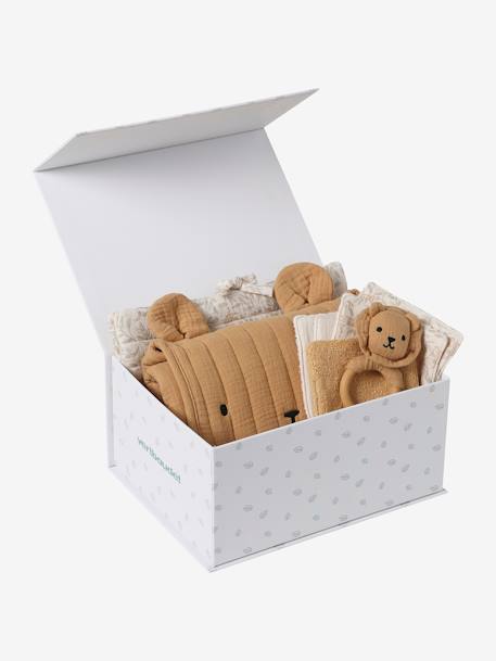 Coffret cadeau naissance 8 pièces : 1 hochet, 1 tapis à langer nomade, 5 lingettes, 1 pochette Babylone+Bayou+blanc imprimé 1 - vertbaudet enfant 
