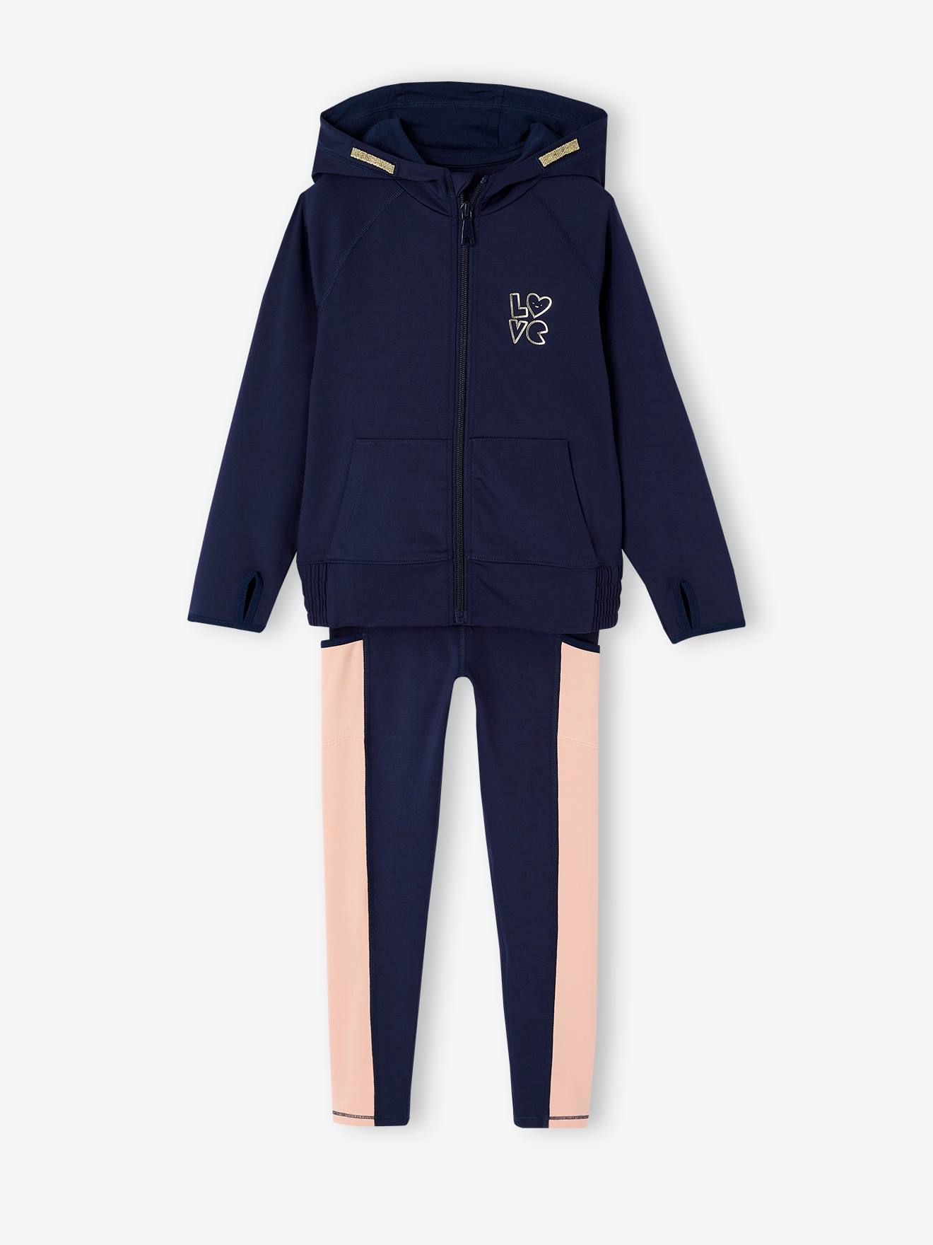 Ensemble sport sweat à capuche et legging fille matière tecnique marine