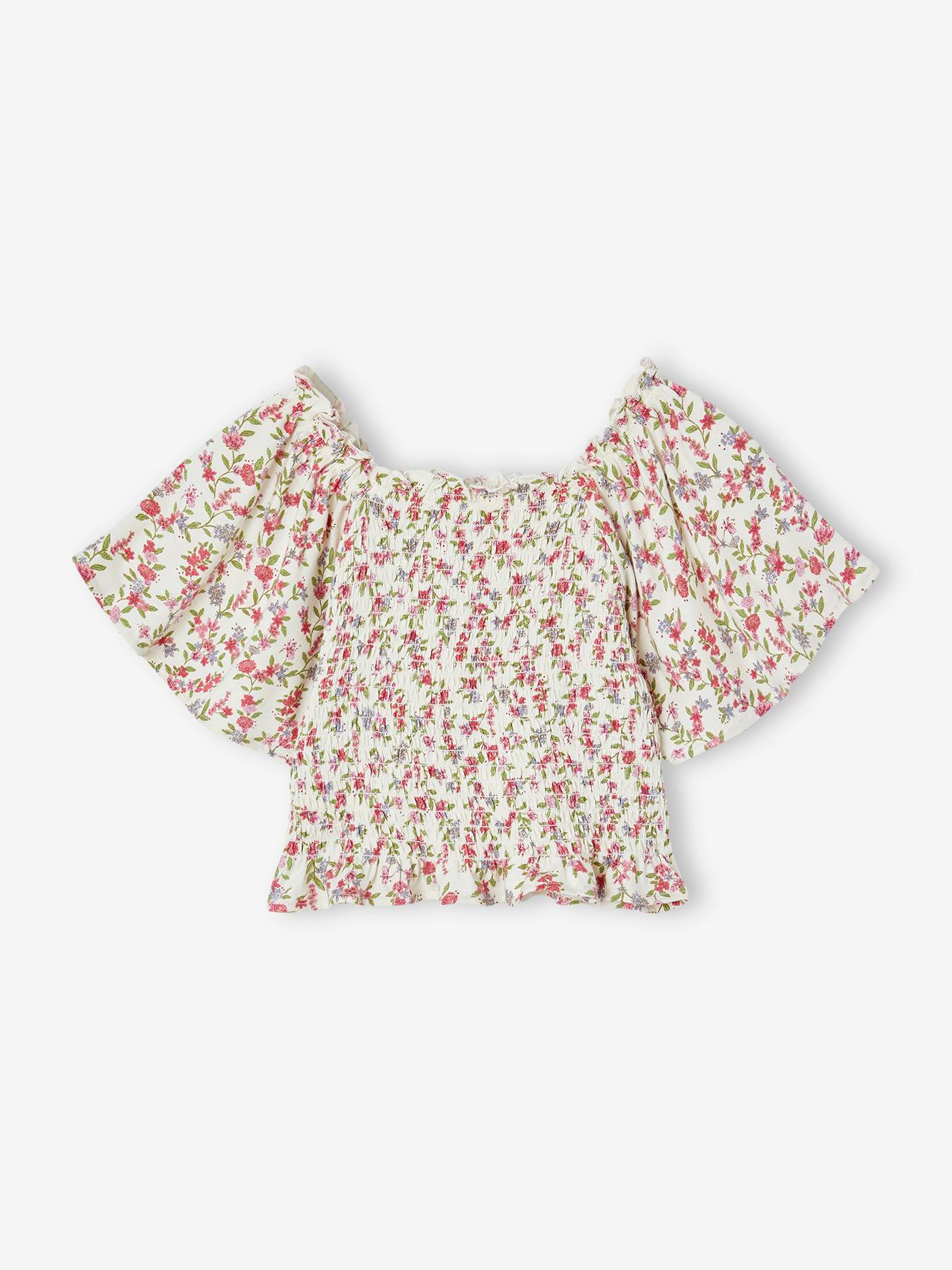 Tee-shirt à smocks motifs fleurs fille multicolore