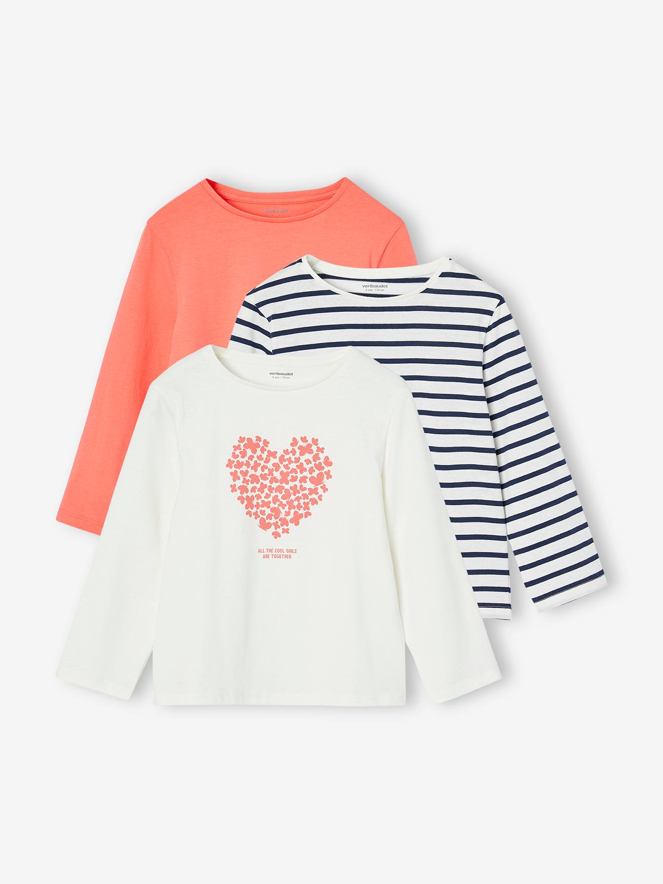 Lot de 3 t-shirts fantaisie fille manches longues corail
