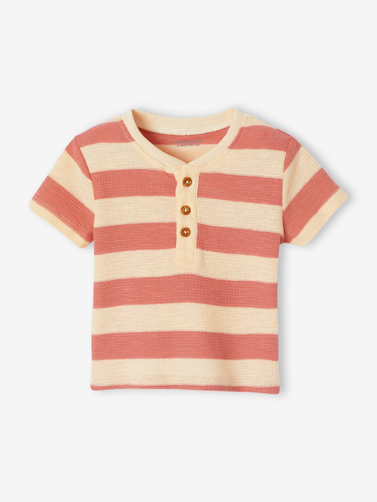 T-shirt rayé bébé en maille nid d'abeille tomette