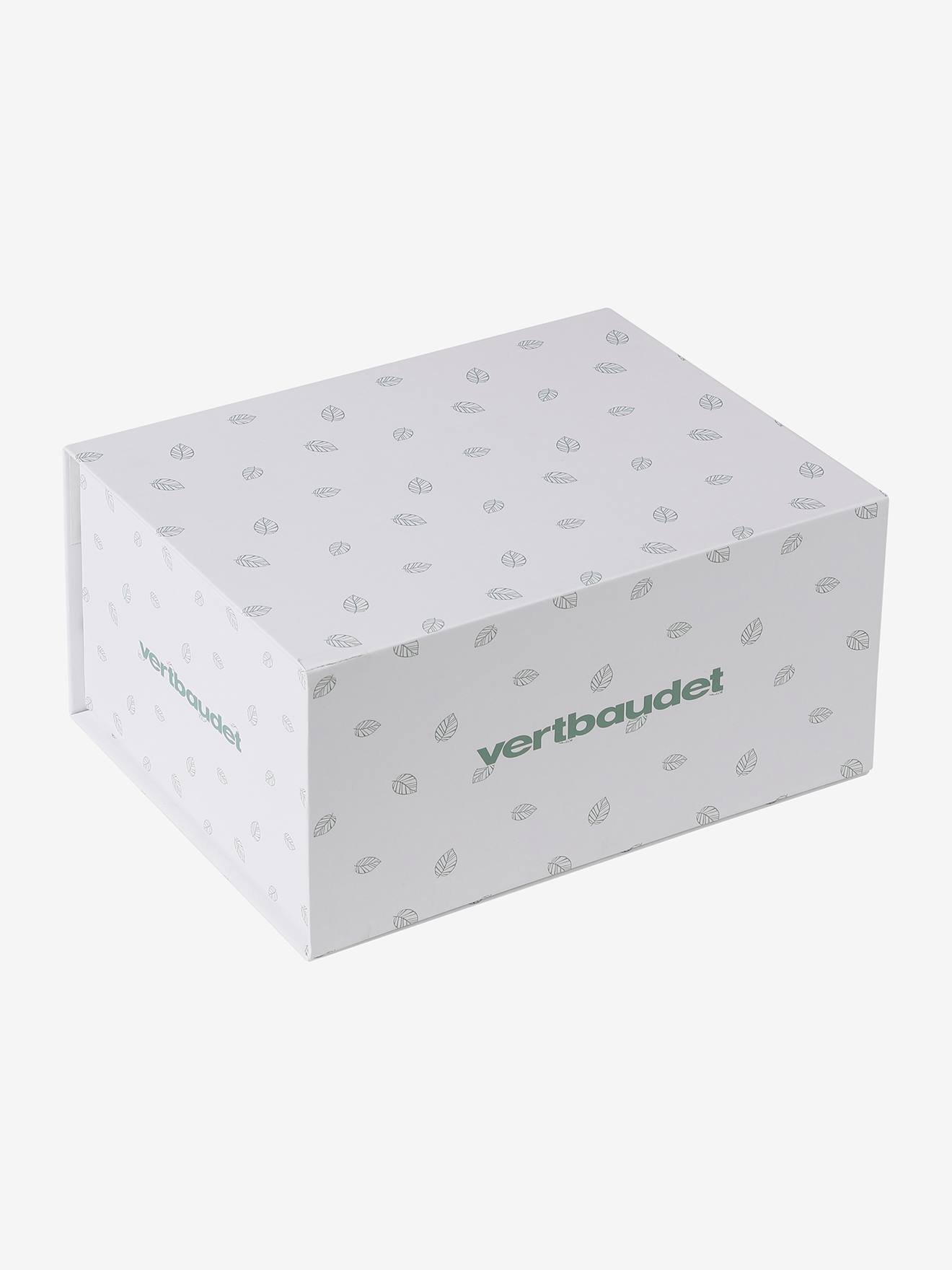 Coffret cadeau naissance 8 pièces : 1 hochet, 1 tapis à langer nomade, 5 lingettes, 1 pochette blanc imprimé (Vertbaudet) - Image 1