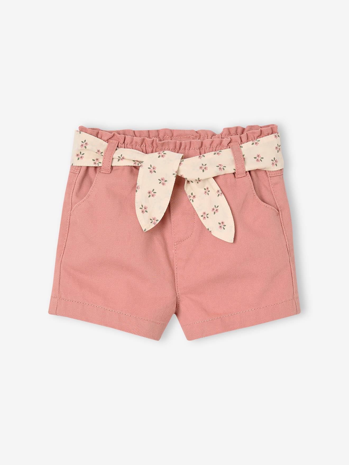 Short bébé fille paperbag avec ceinture imprimée rose