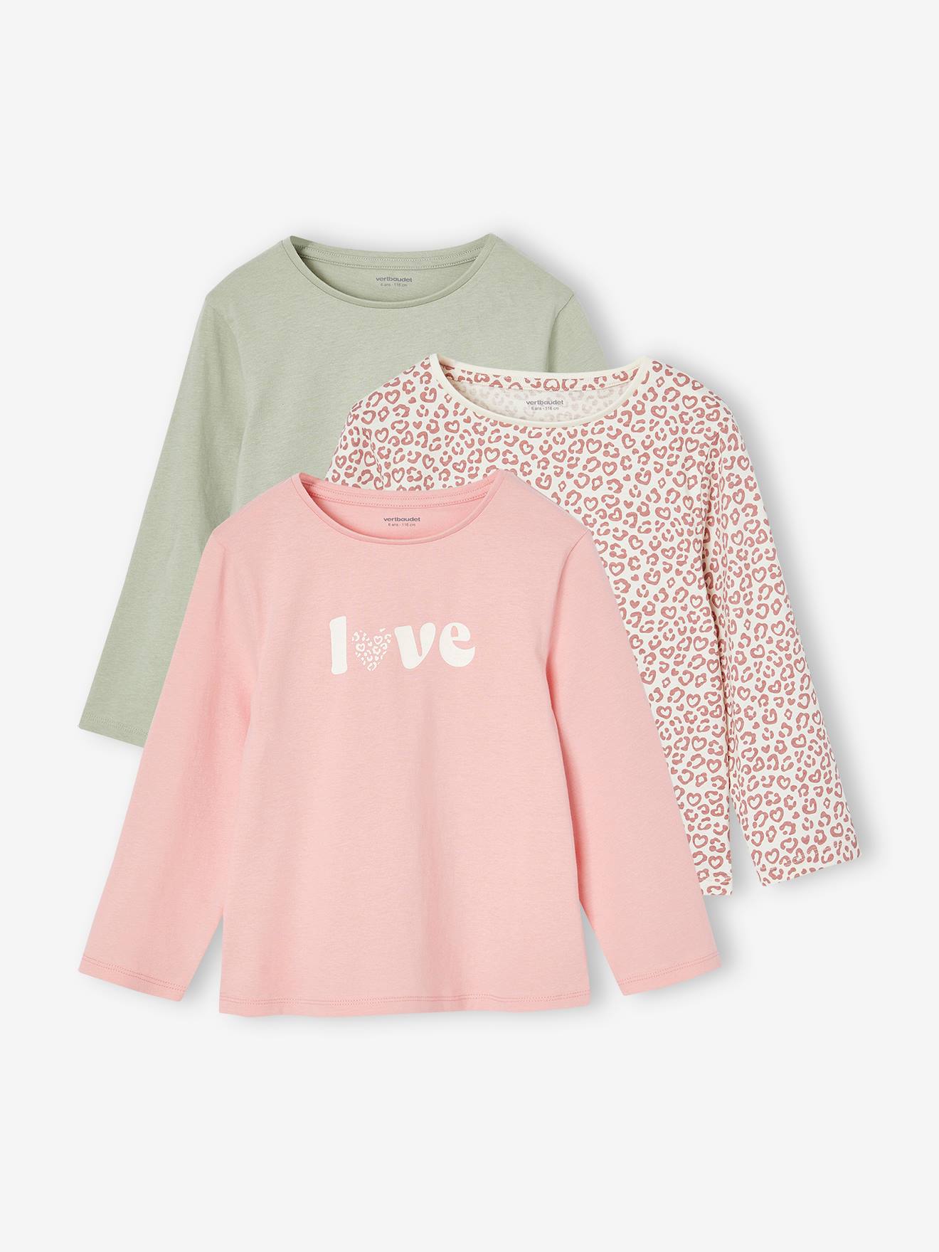 Lot de 3 t-shirts fantaisie fille manches longues vert sauge