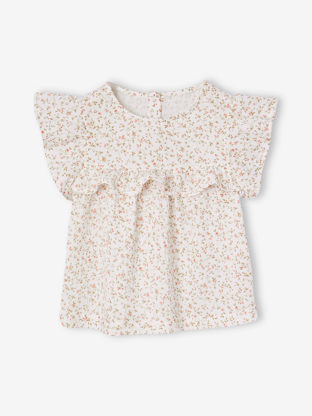 Ensemble Fille à Volants – Chemise Broderie Florale Et Short, Coton 100%, Blanc, 2-3 Ans