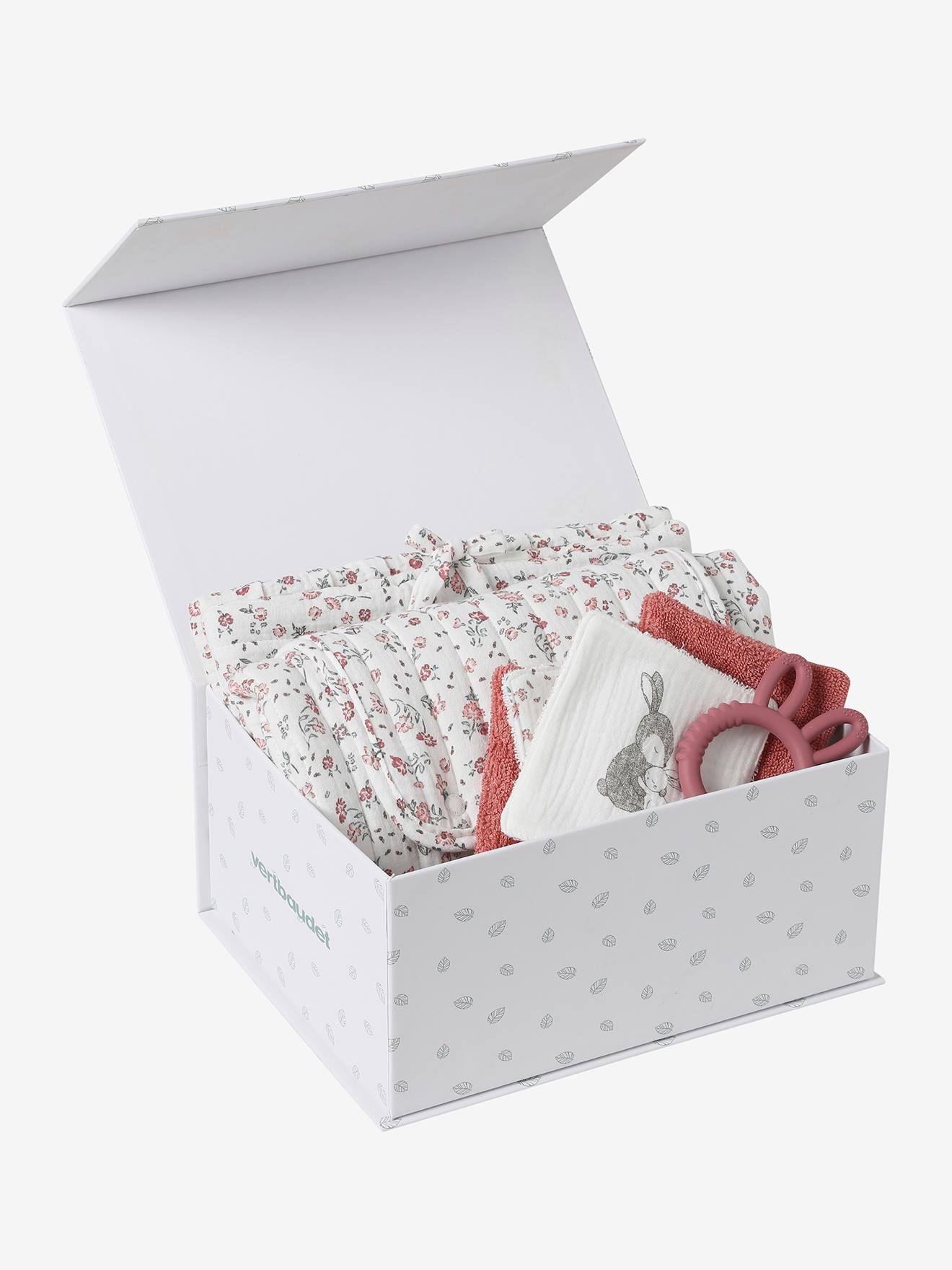 Coffret cadeau naissance 8 pièces : 1 hochet, 1 tapis à langer nomade, 5 lingettes, 1 pochette blanc imprimé