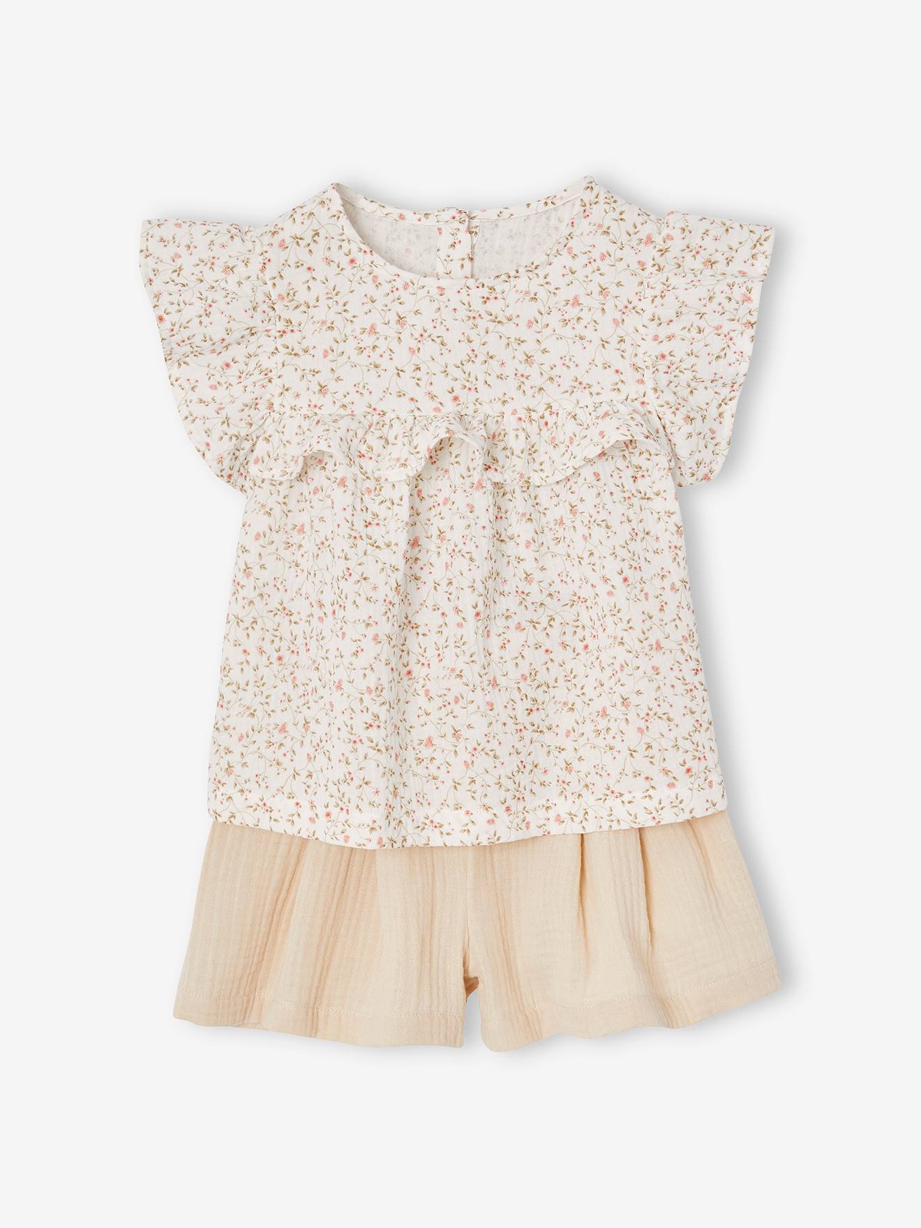 Ensemble cérémonie blouse et short en gaze de coton fille blanc