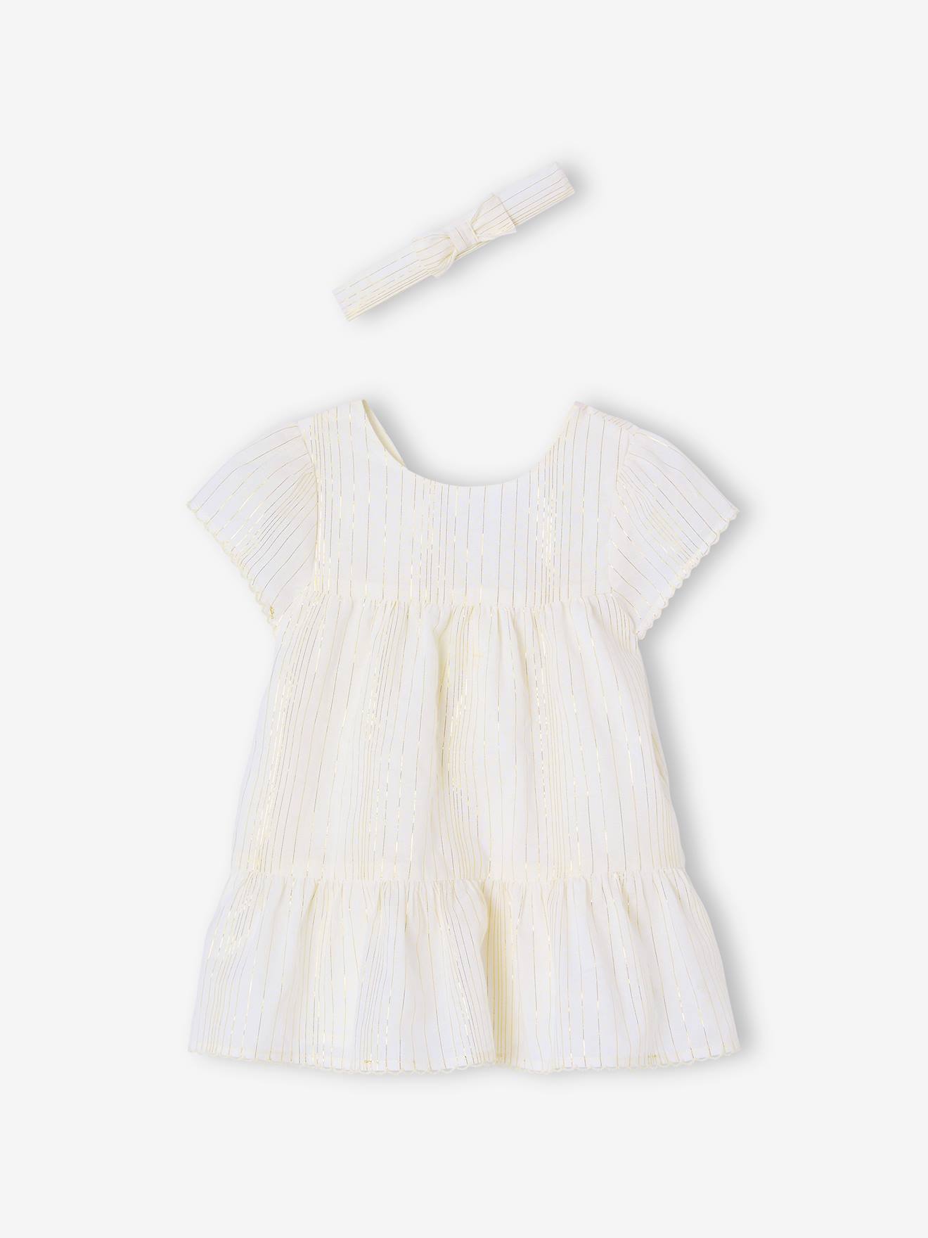 Ensemble cérémonie robe rayée fil brillant + bandeau assorti bébé rayé blanc