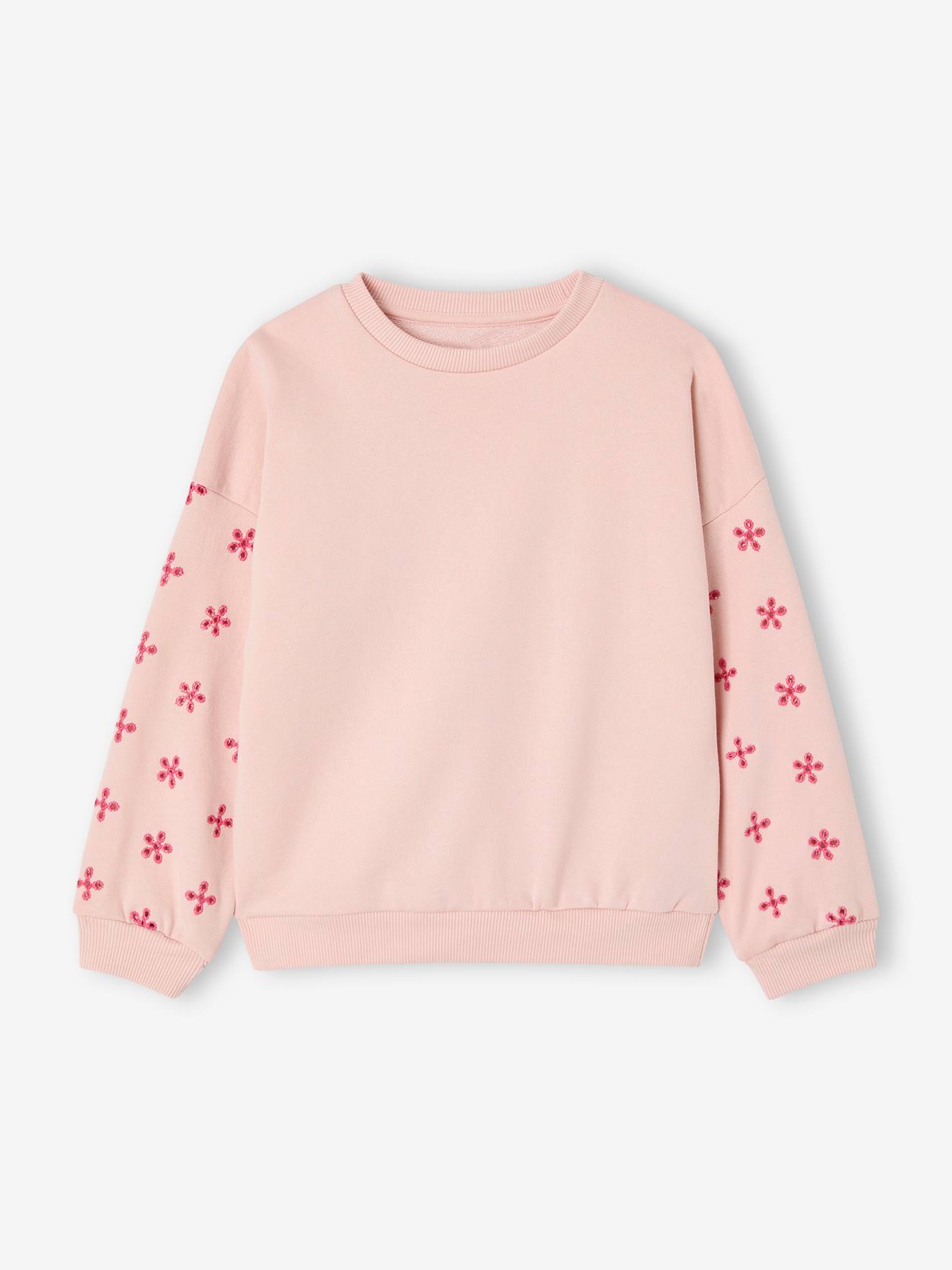 Sweat manches fleurs ajourées fille rose pâle