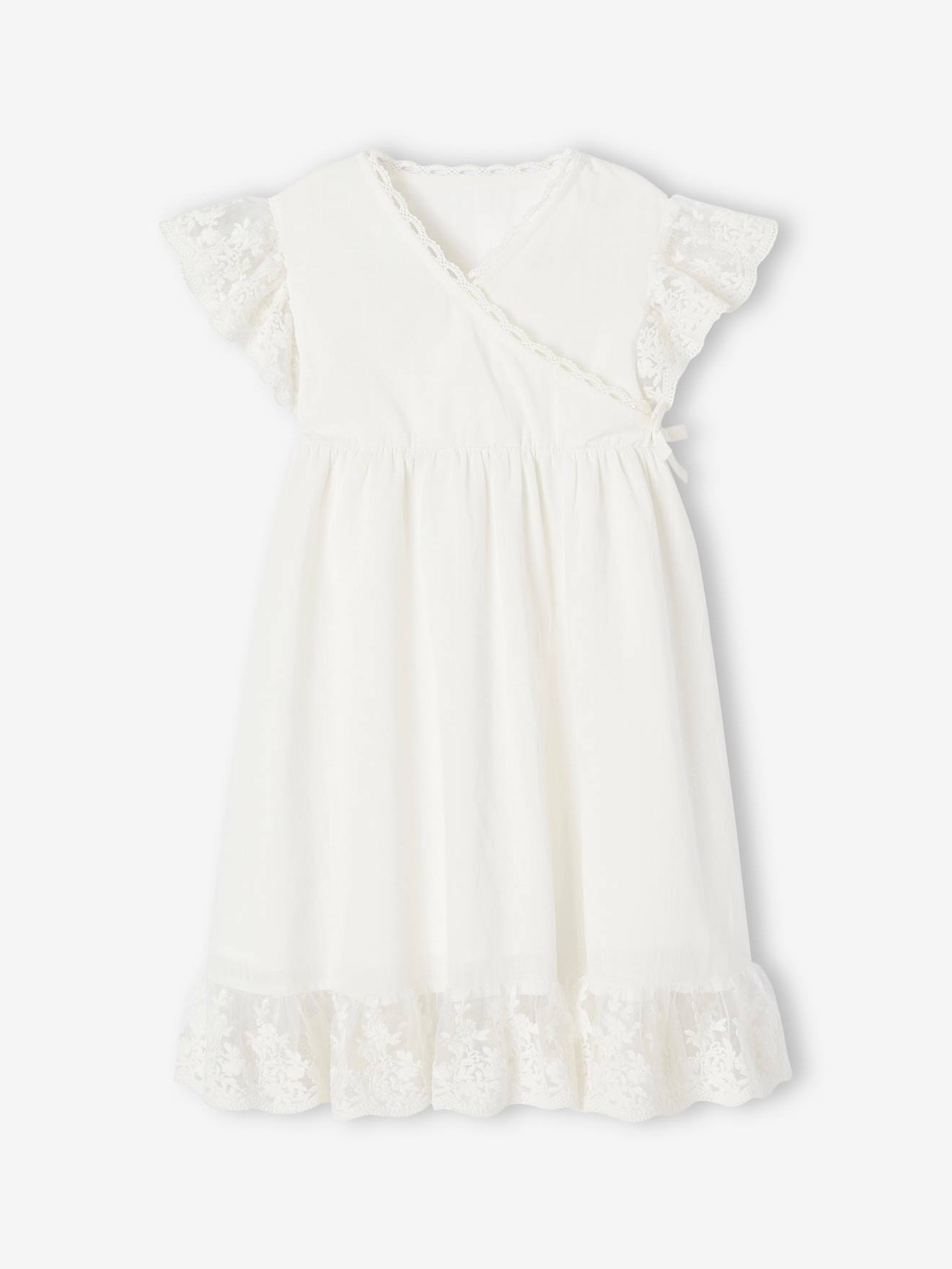 Robe cache-coeur cérémonie fille détails en tulle brodé blanc