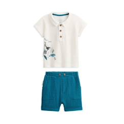 -Ensemble bébé t-shirt et short - PETIT BEGUIN - Garçon - Bleu - Coton - Taille élastiquée