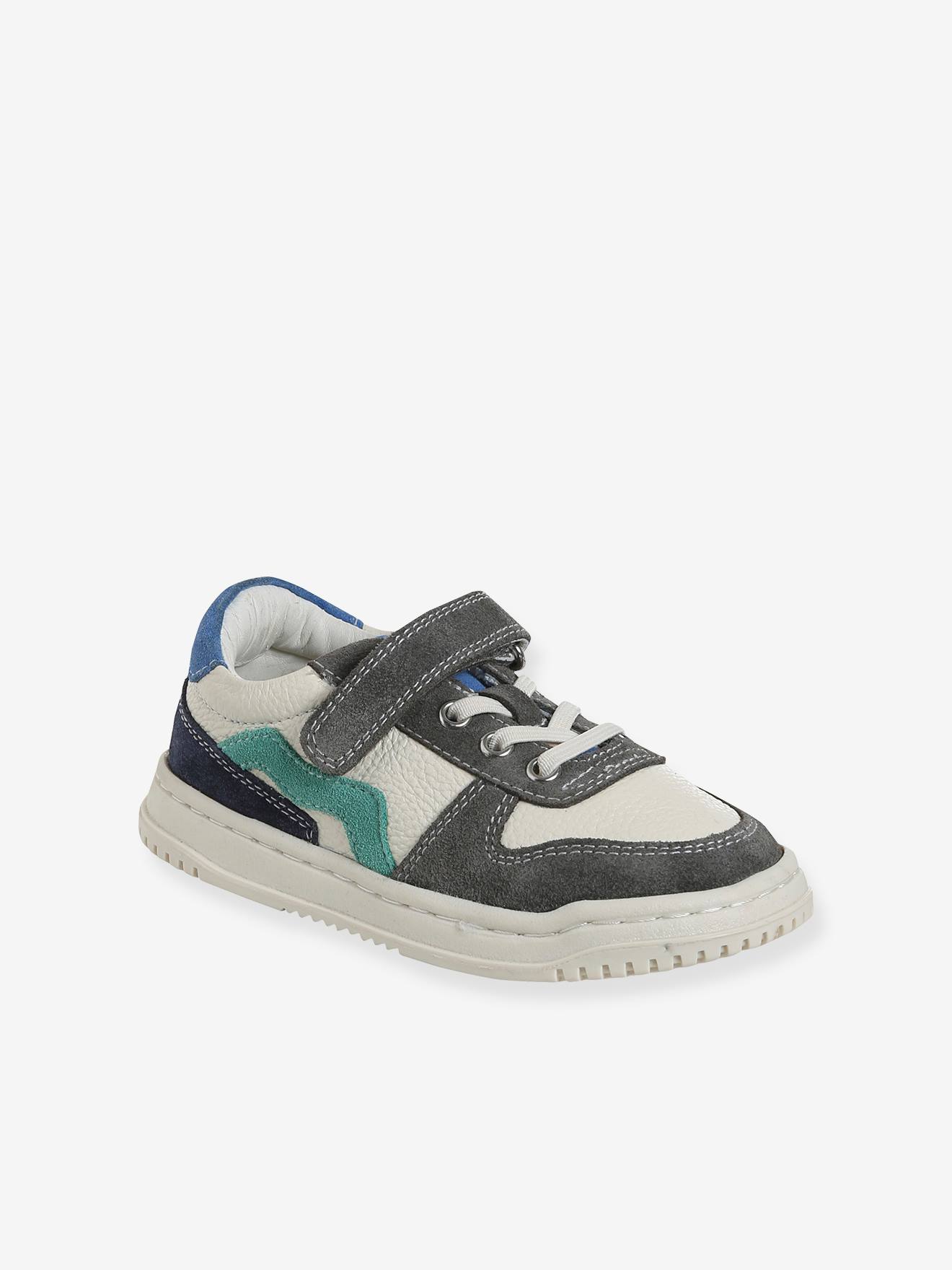 Basket enfant garçon cuir à scratchs et lacets élastiqués lot blanc