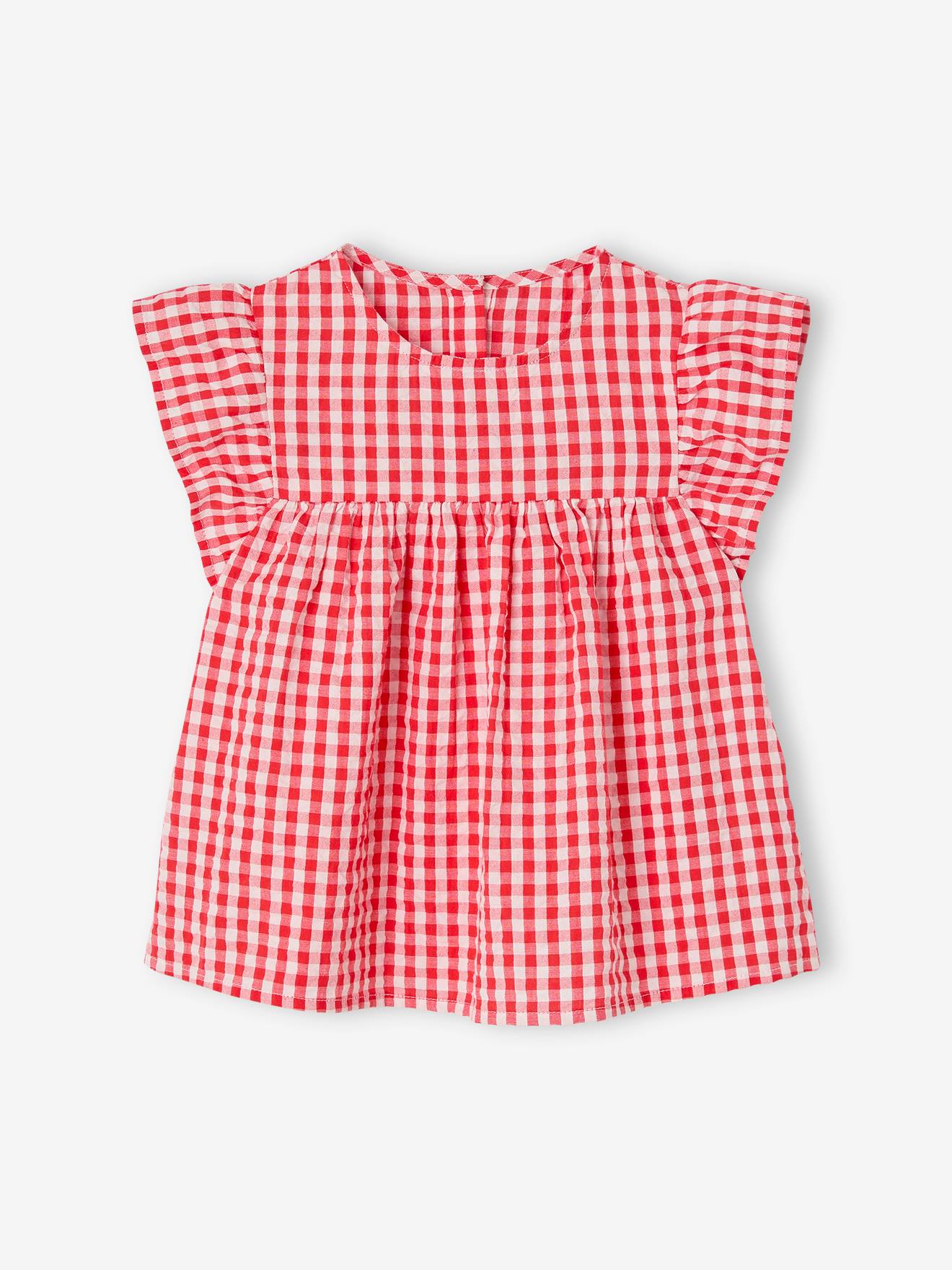 Blouse fille imprimée manches courtes à volants carreaux rouge
