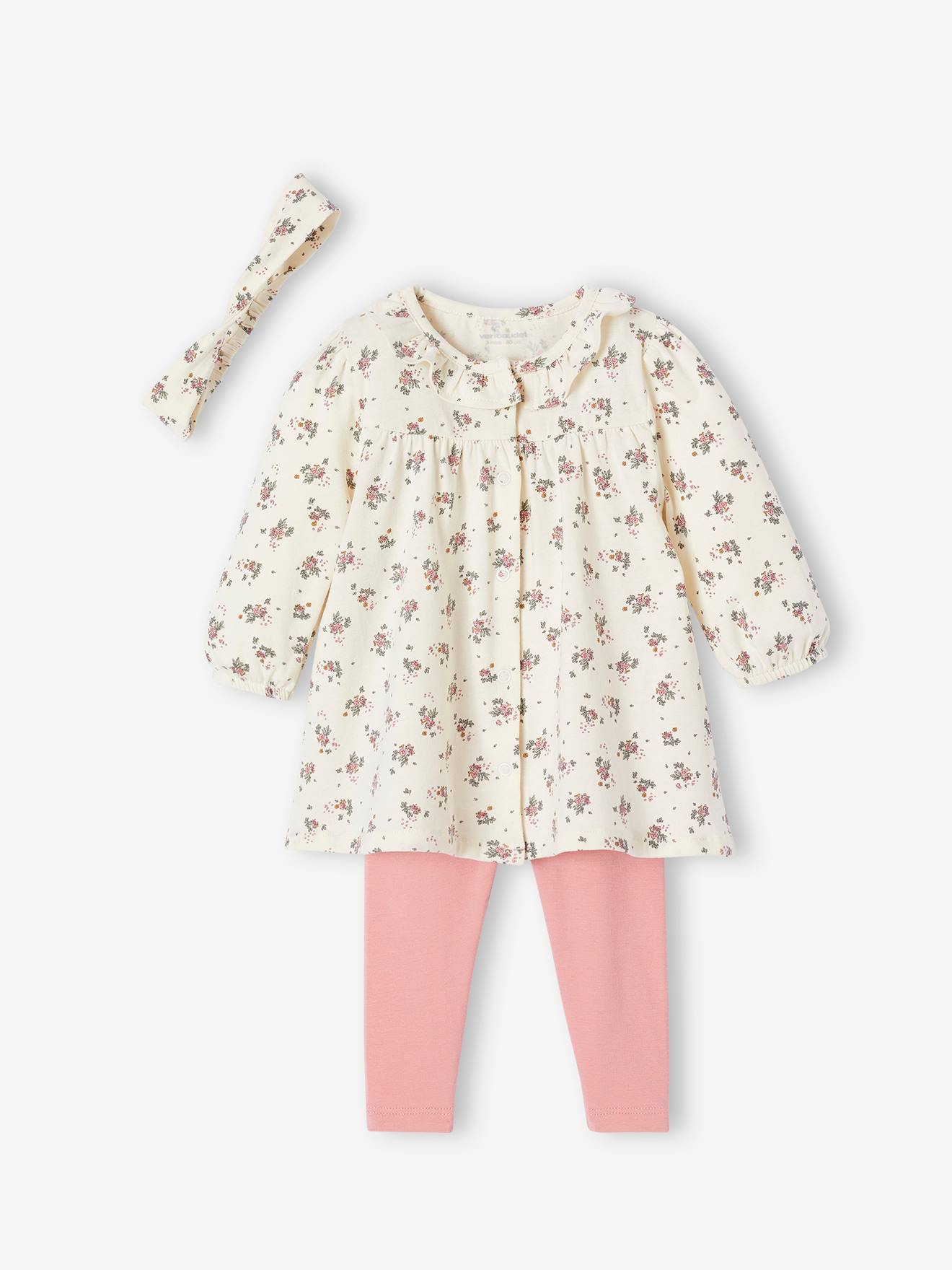 Ensemble bébé robe + legging + bandeau écru
