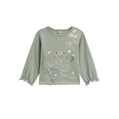 -T-shirt bébé - Lily - Kaki - Manches longues - 95% coton - Look chic avec chat