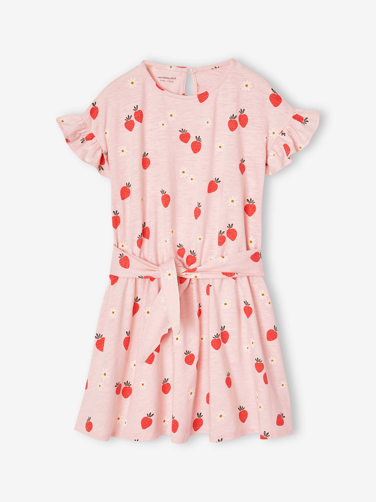 Robe à volants motifs fraises fille rose pâle