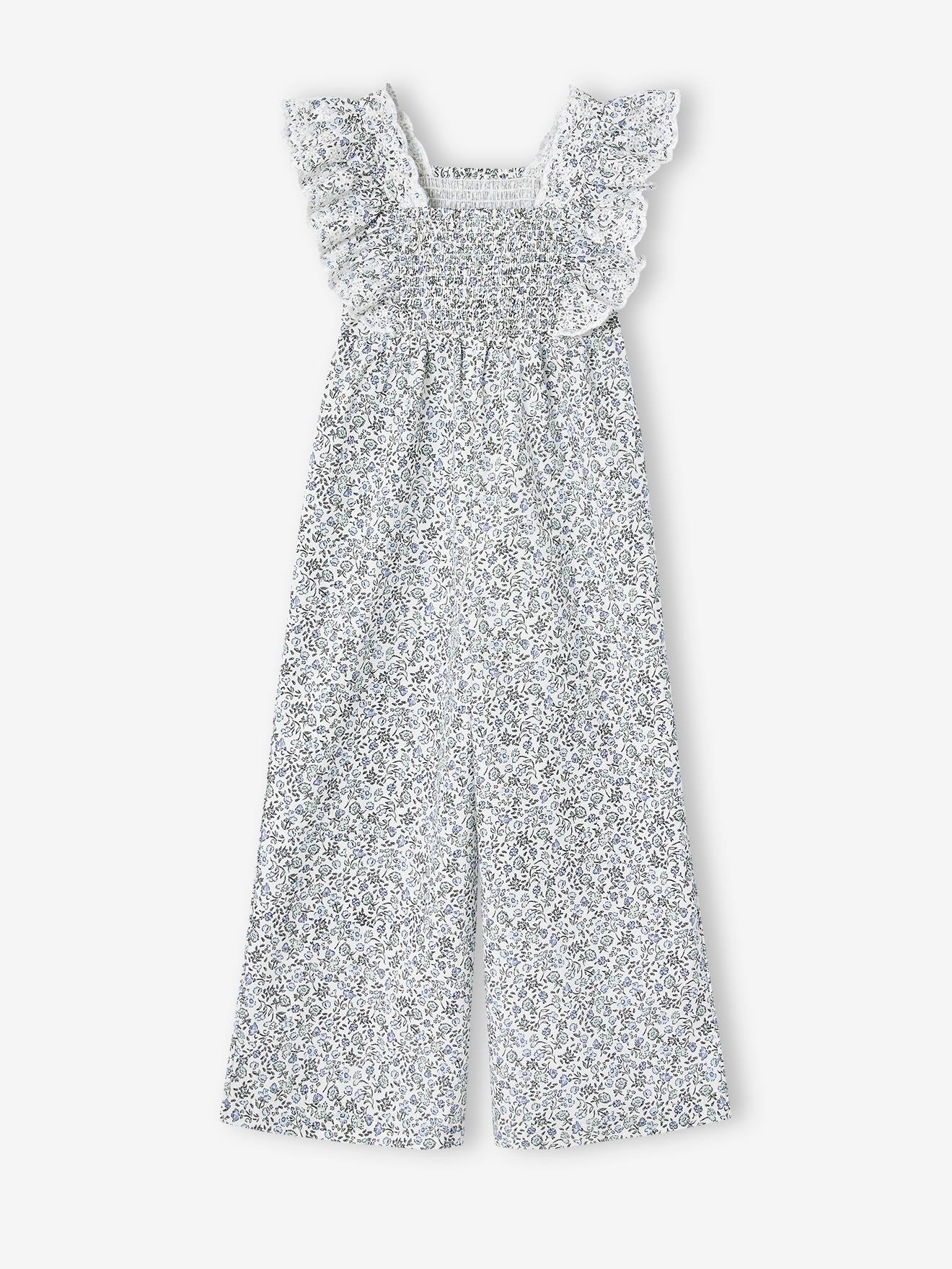 Combinaison cérémonie imprimée fleurs fille détails en broderie anglaise bleu imprimé