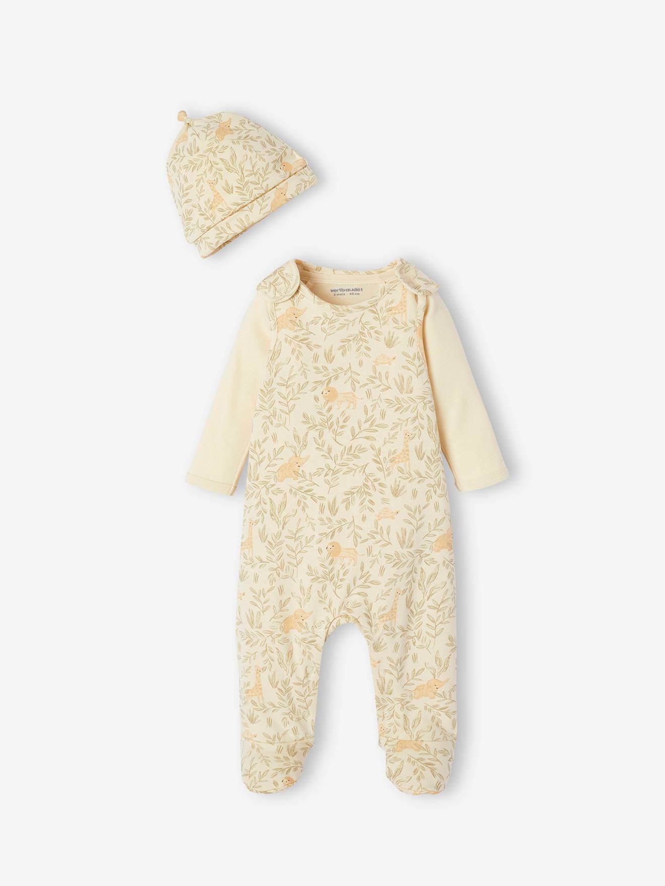 Coffret naissance ensemble body + salopette + bonnet écru