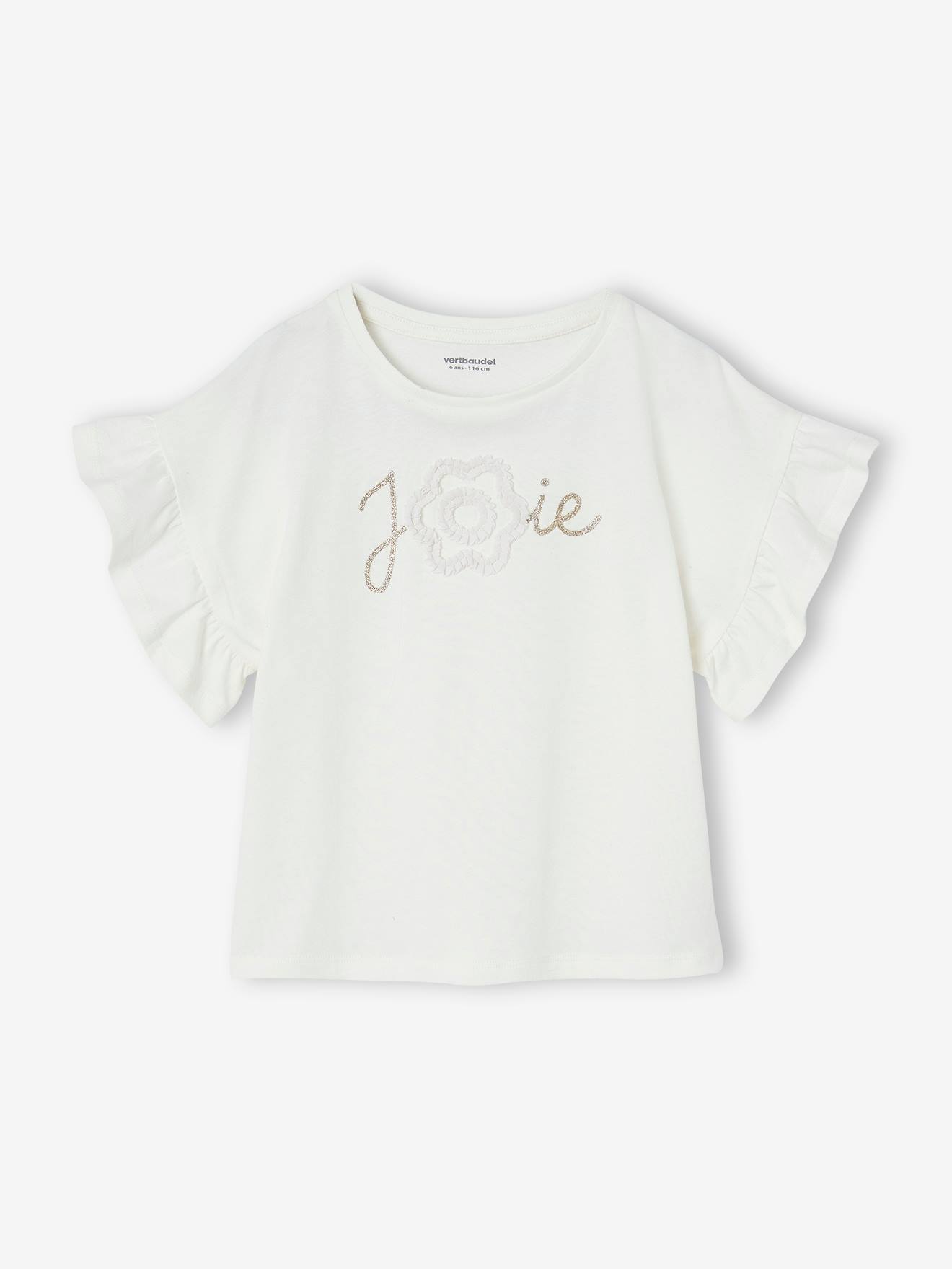 T-shirt cérémonie motif fleur en relief lettres pailletées fille blanc