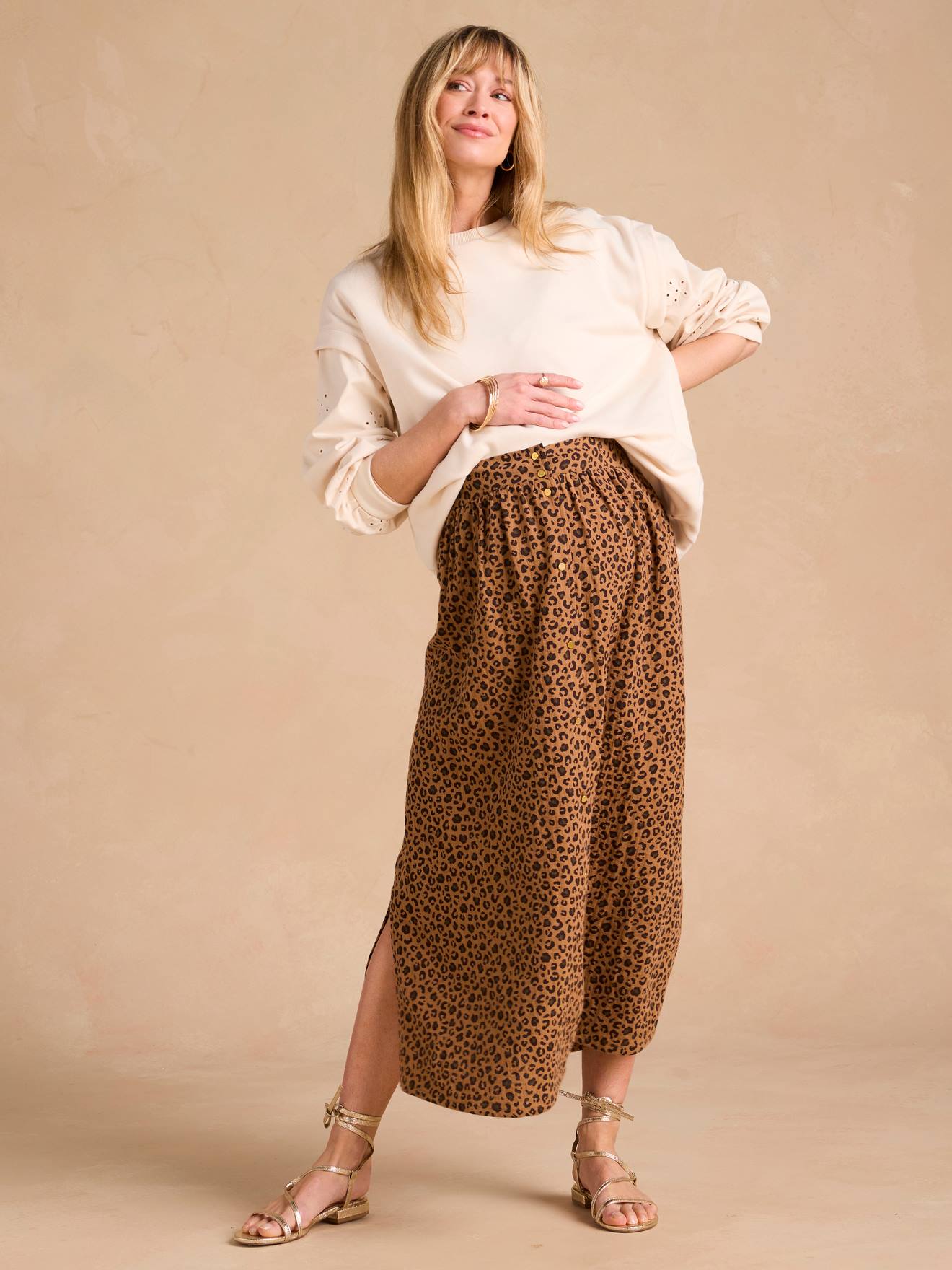 Jupe longue grossesse en gaze de coton beige