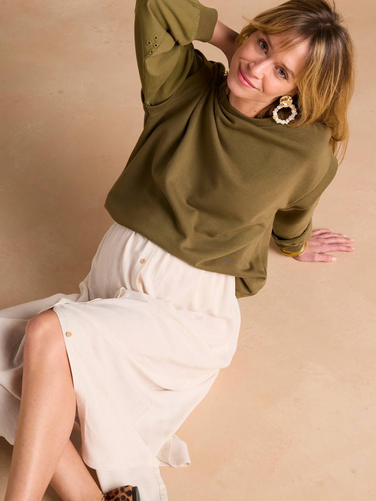 Sweat grossesse bi-matière manches ajourées kaki