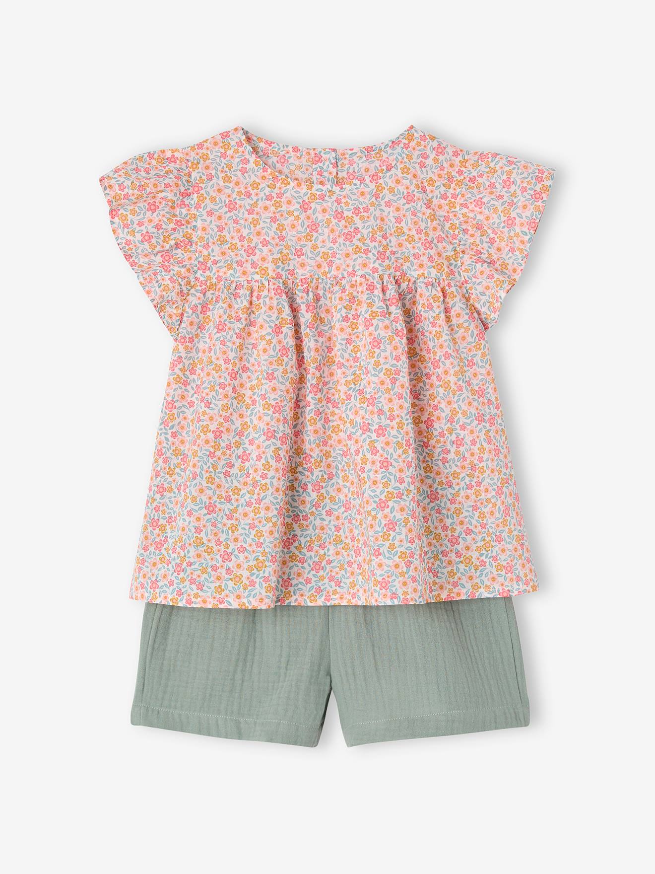 Ensemble blouse imprimée et short en gaze de coton fille vert sauge