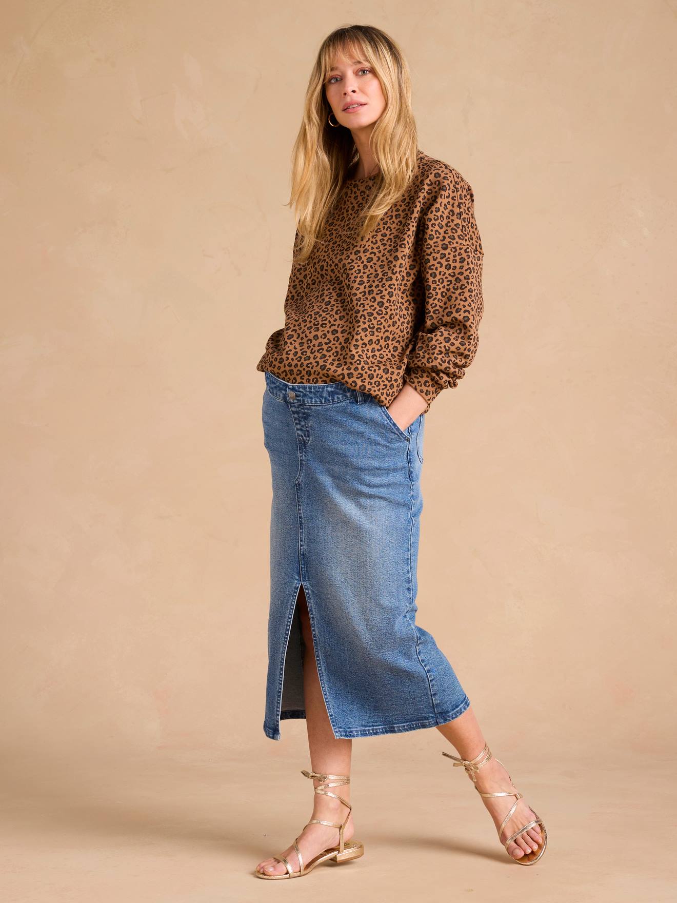 Jupe longue en jean grossesse fendue devant bleu moyen