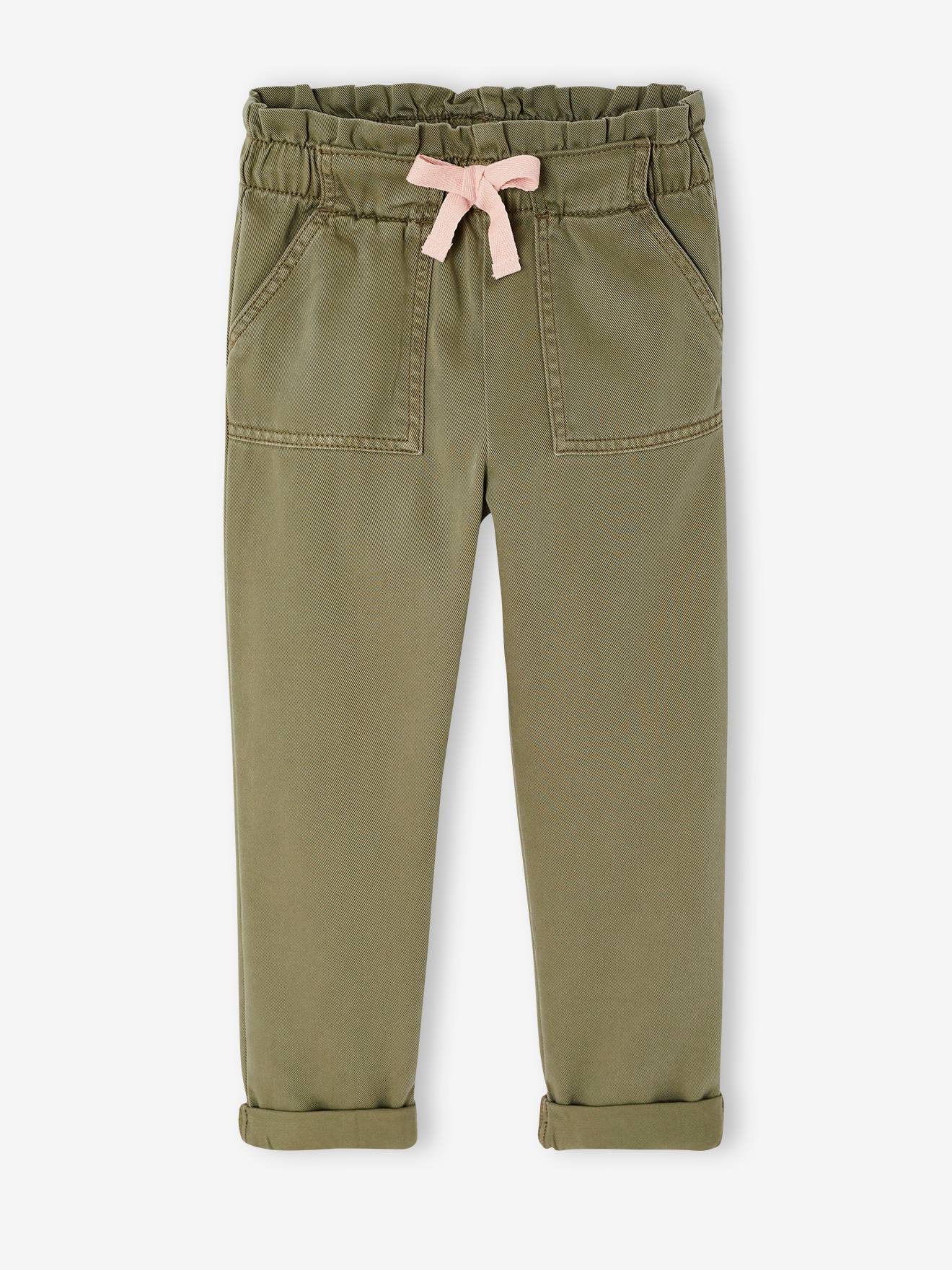 Pantalon fille style paperbag Lyocell fluide kaki