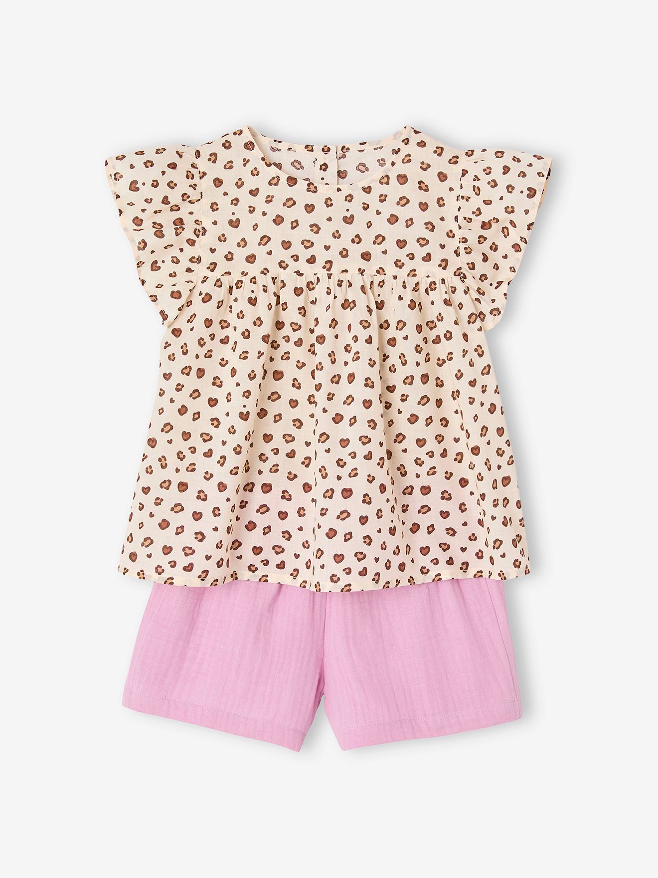 Ensemble blouse imprimée et short en gaze de coton fille lilas