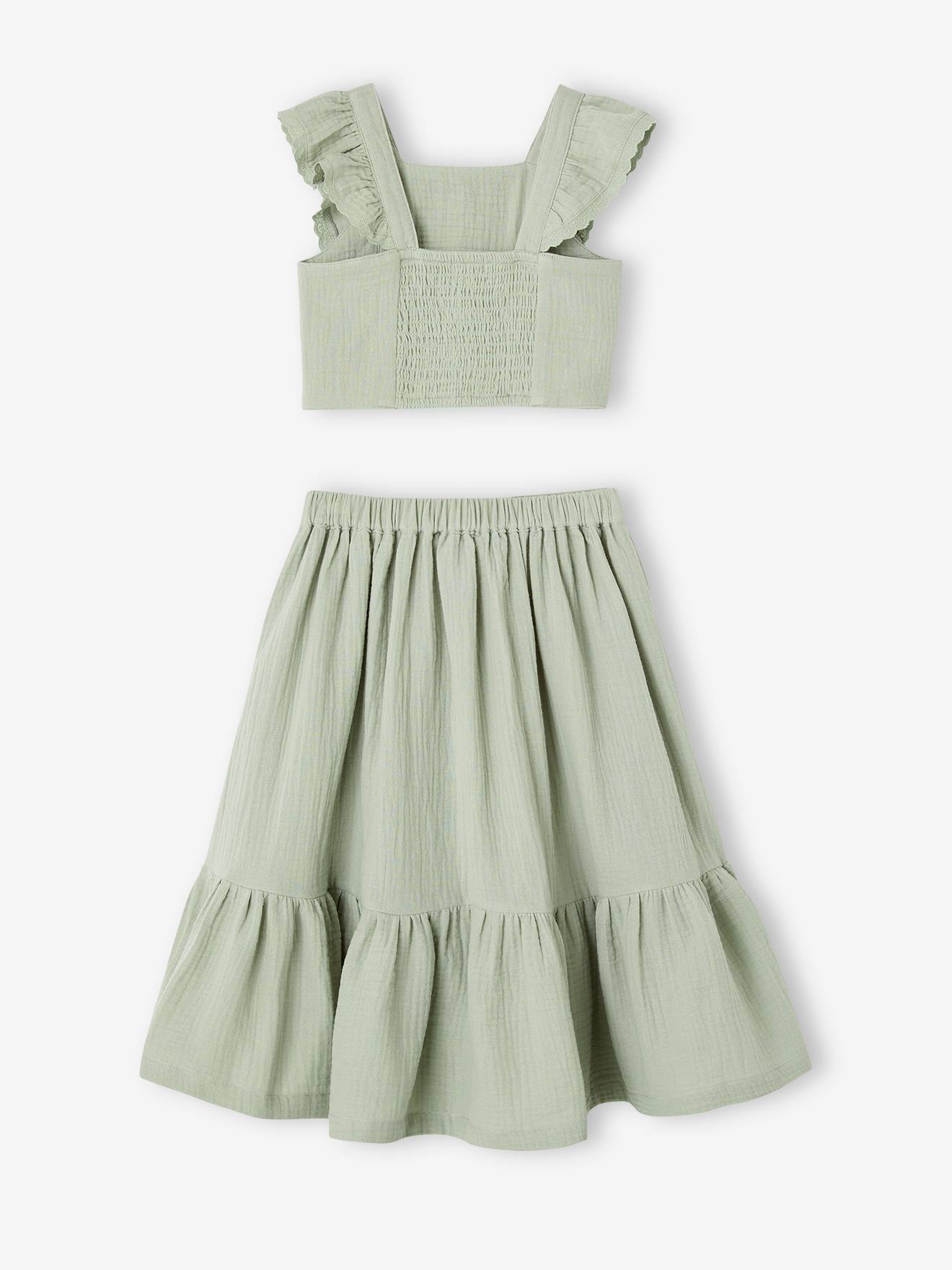 Ensemble Blouse à Nouette + Jupe Fille - Printemps/été - En Denim Ou Gaze Coton - Look Rétro Et Tendance - 7