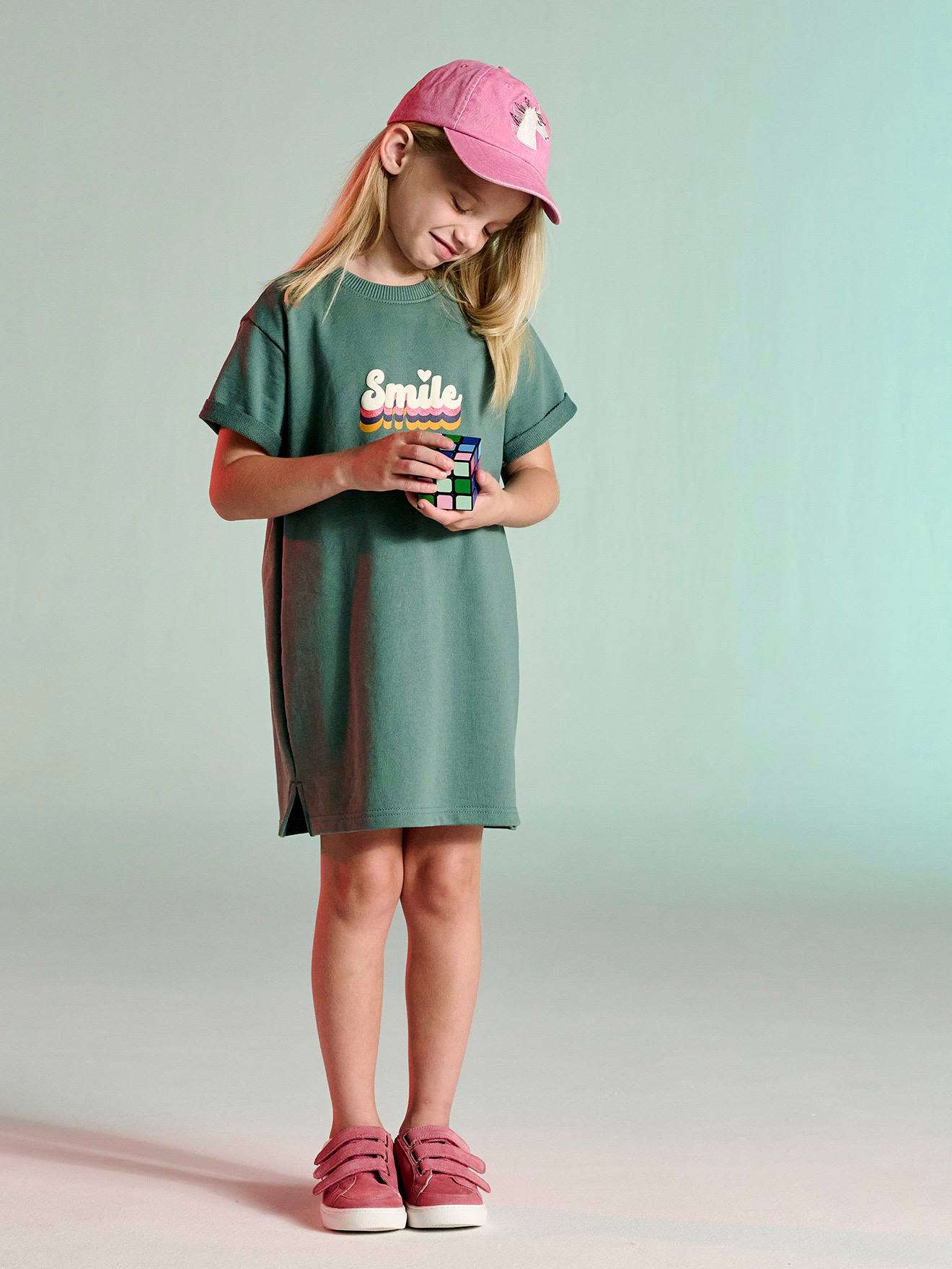 Robe fille en molleton léger motif vert sauge