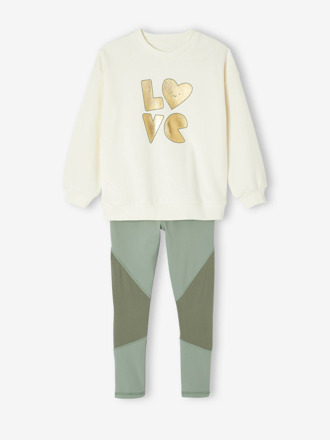 Ensemble sport sweat motif doré + legging fille vert sauge