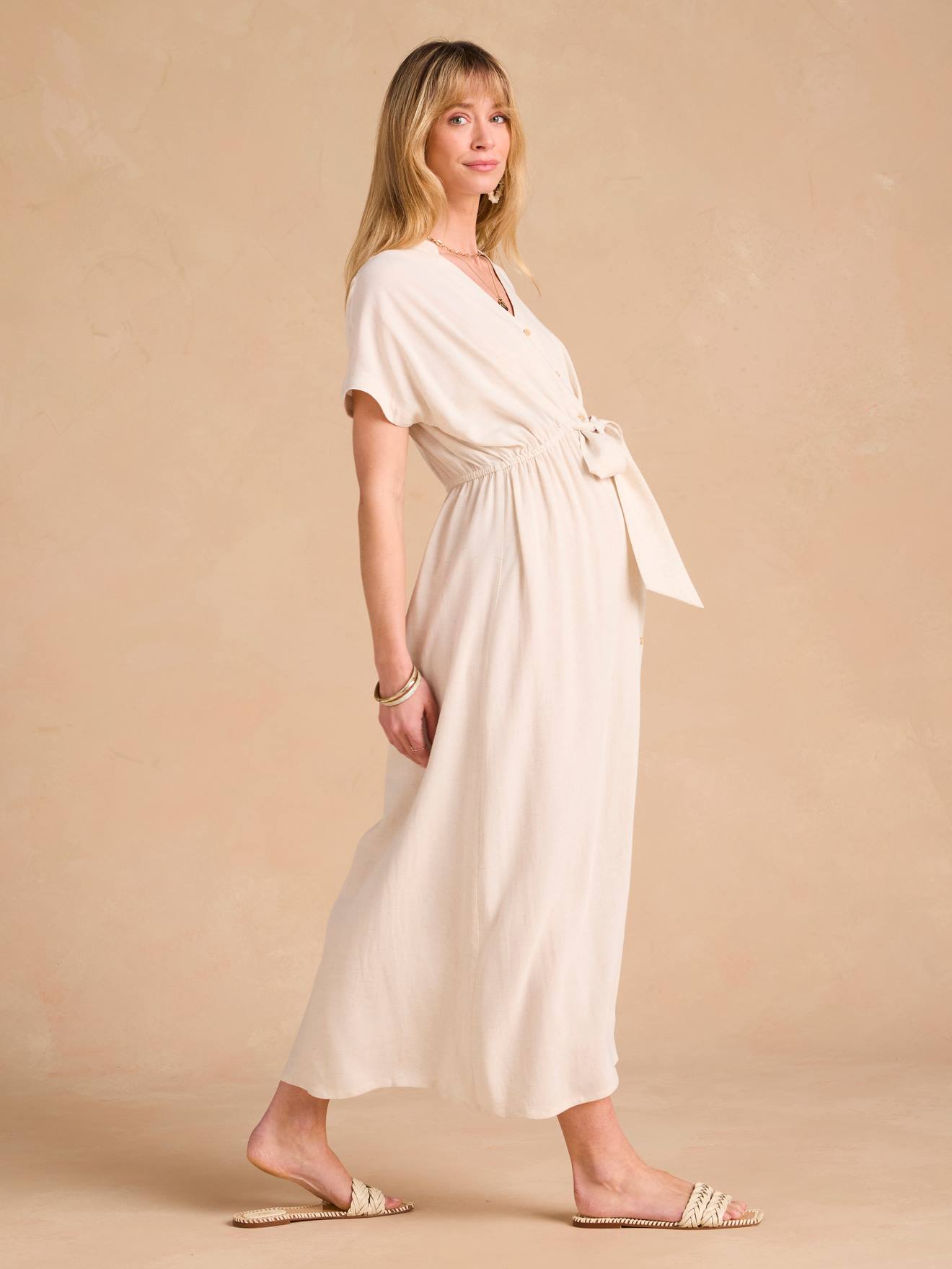 Robe chemise longue en lin mélangé grossesse et allaitement beige