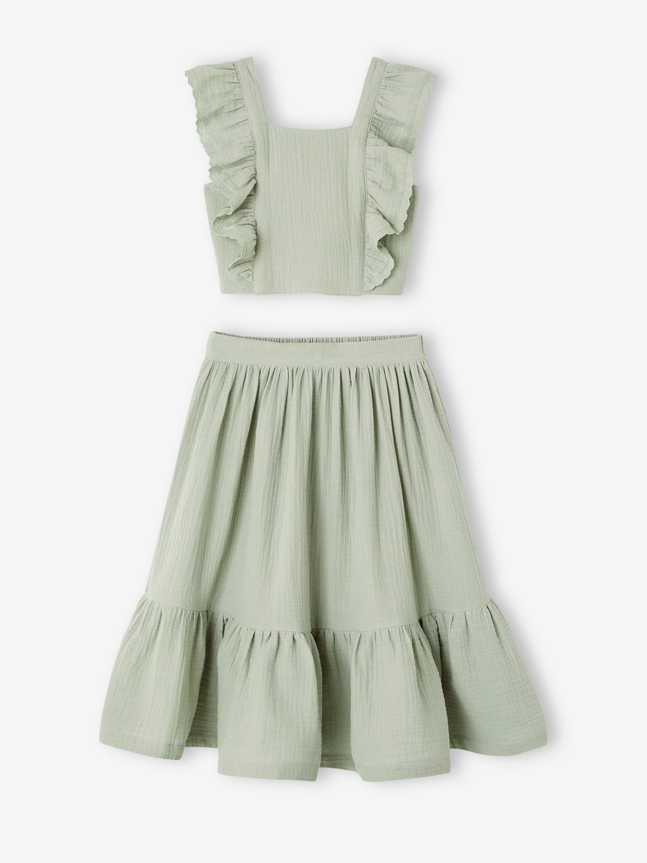 Ensemble cérémonie blouse et jupe à volant fille vert sauge
