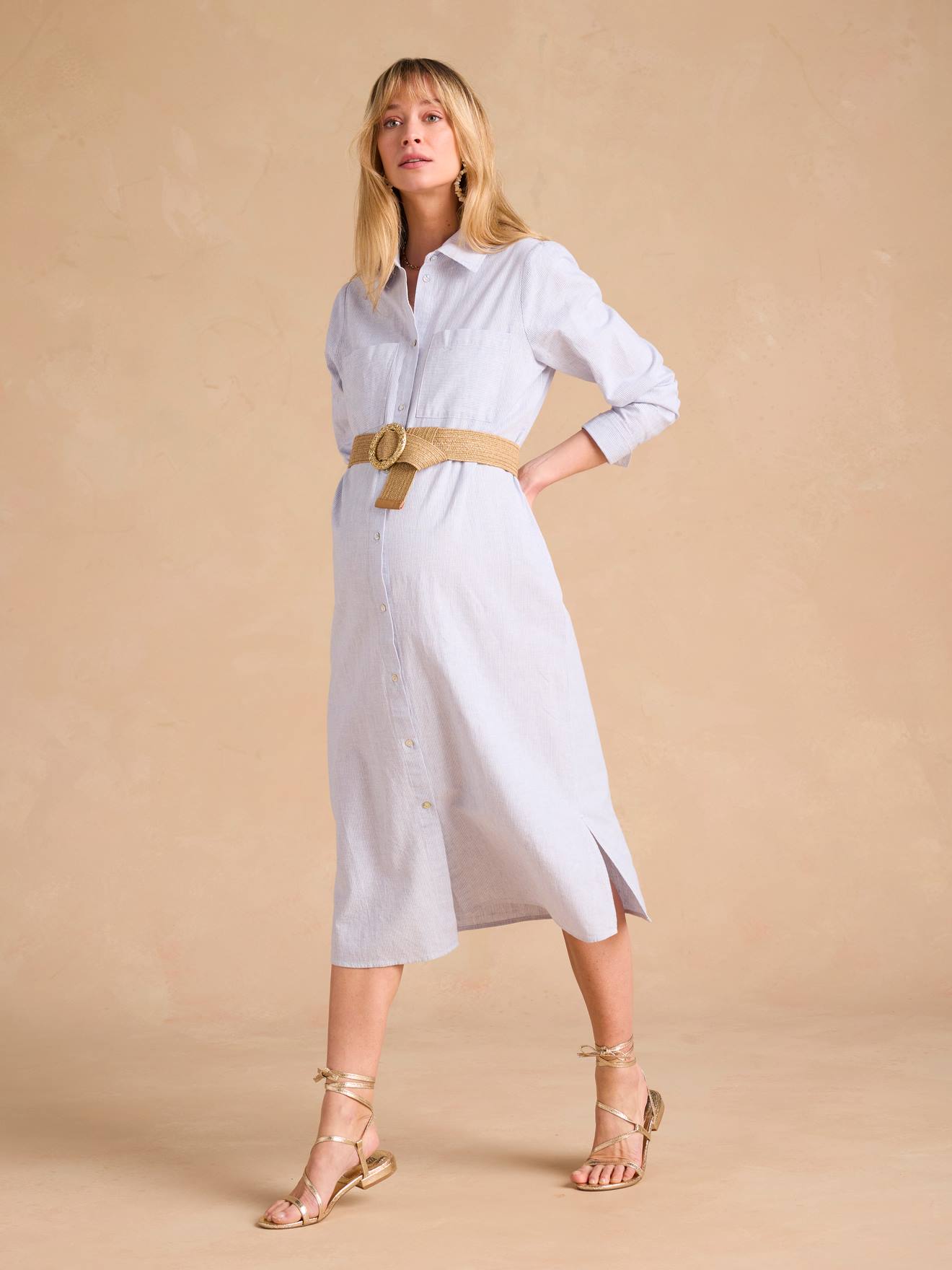 Robe chemise longue en lin mélangé grossesse et allaitement ENVIE DE FRAISE coton effet lin rayé bleu