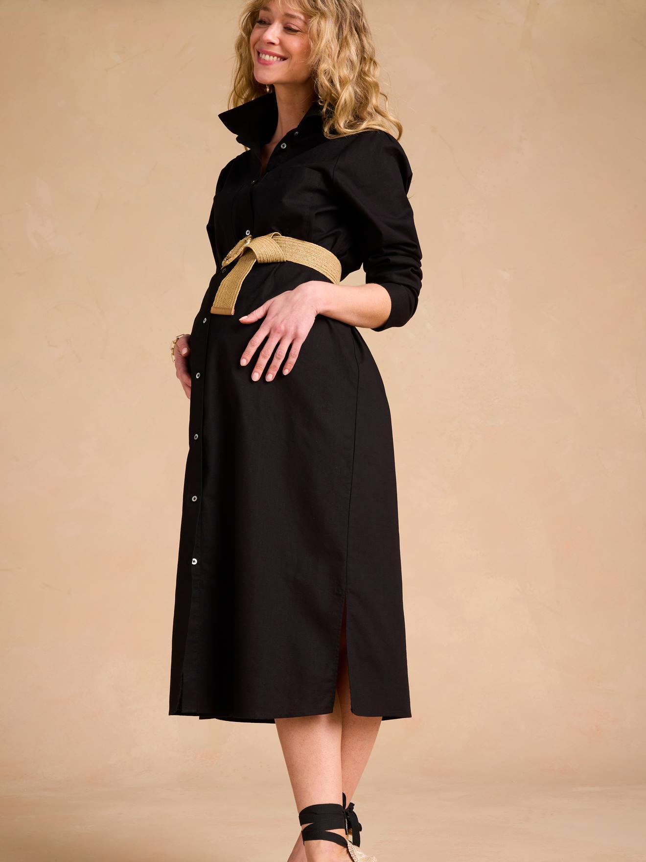 Robe chemise longue en lin mélangé grossesse et allaitement ENVIE DE FRAISE coton effet lin noir