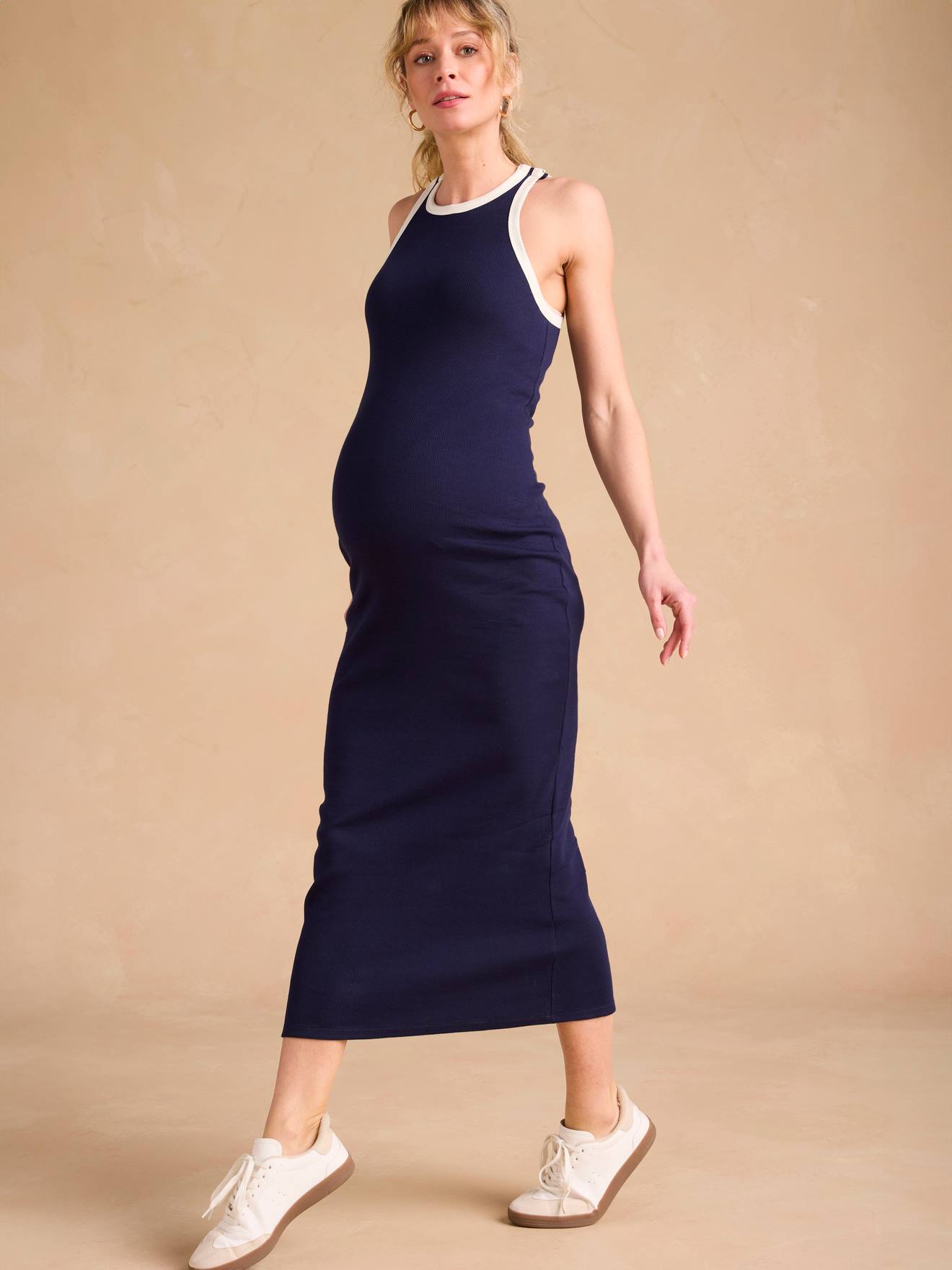 Robe longue grossesse et allaitement en fines côtes ENVIE DE FRAISE marine