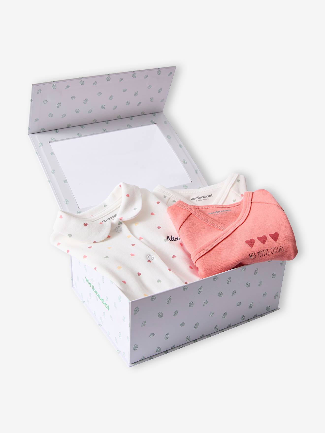 Coffret naissance 1 pyjama + 2 bodies petits coeurs personnalisables rose bonbon