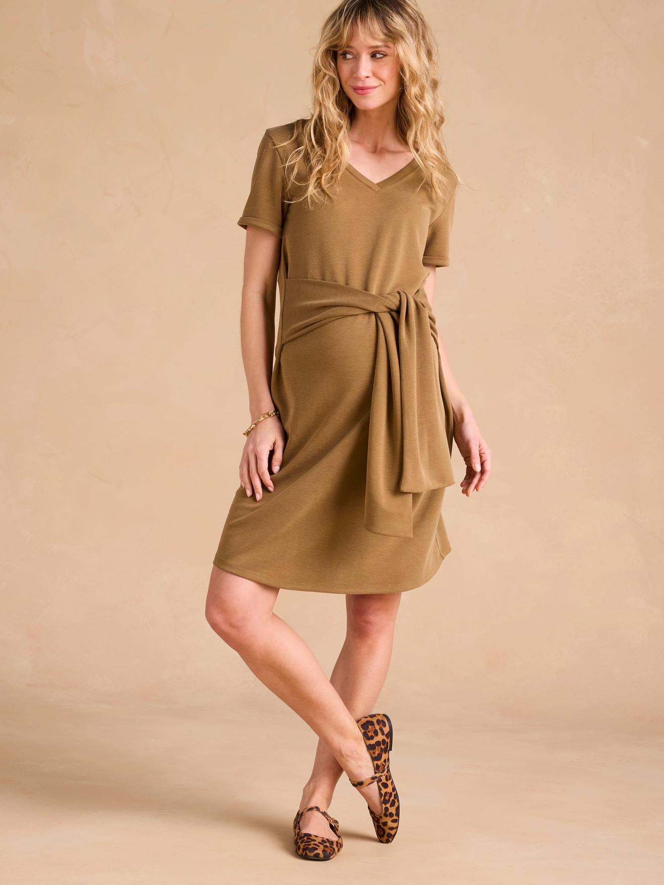 Robe courte grossesse bandeau noué devant olive