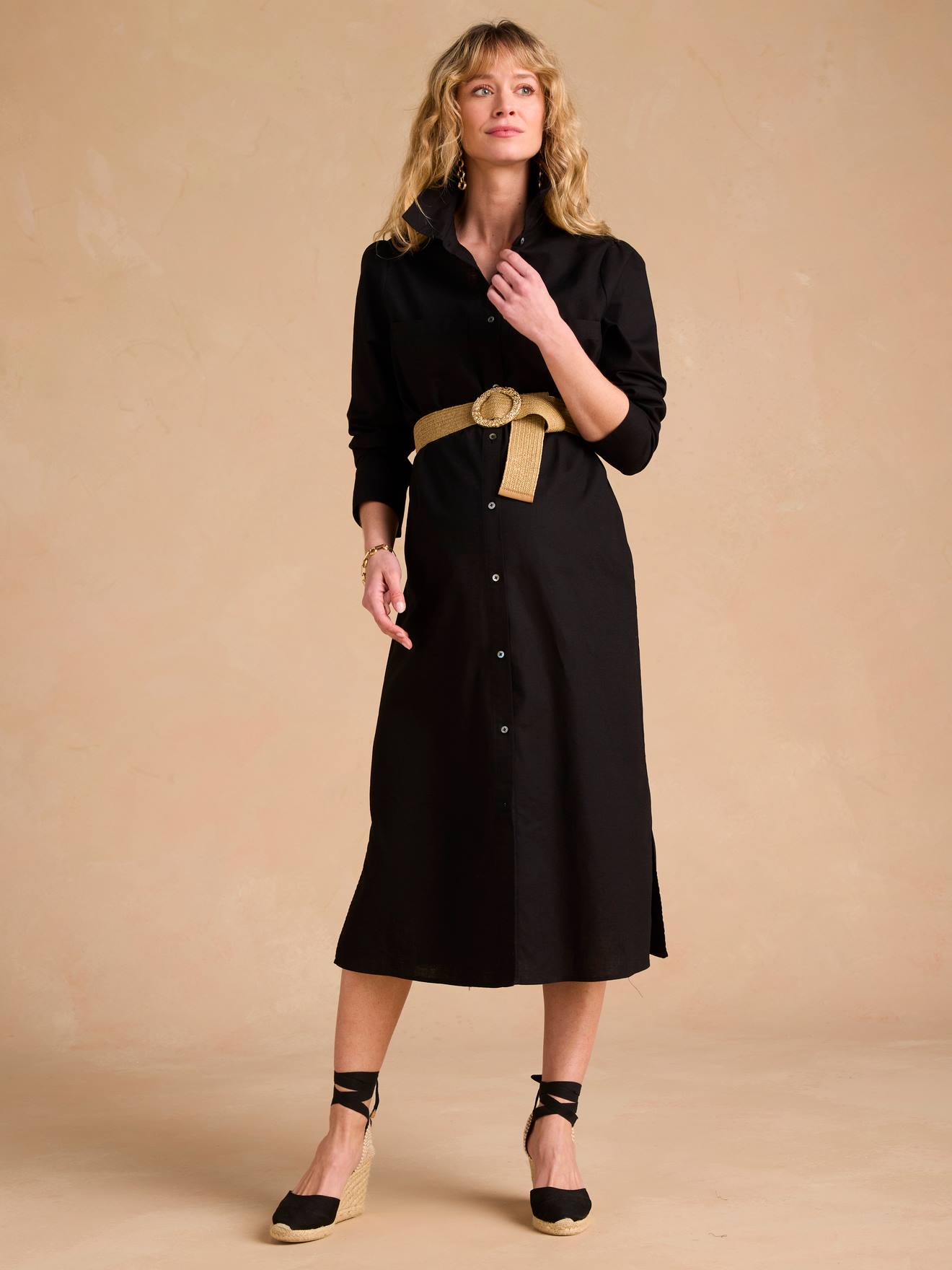 Robe chemise longue en lin mélangé grossesse et allaitement ENVIE DE FRAISE coton effet lin noir