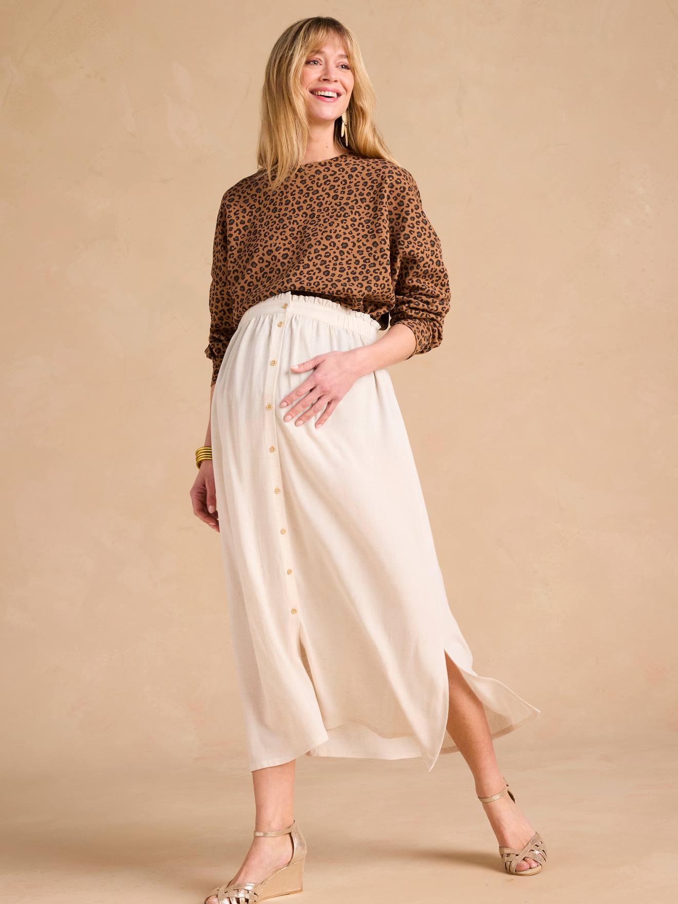 Jupe longue grossesse en viscose et lin beige