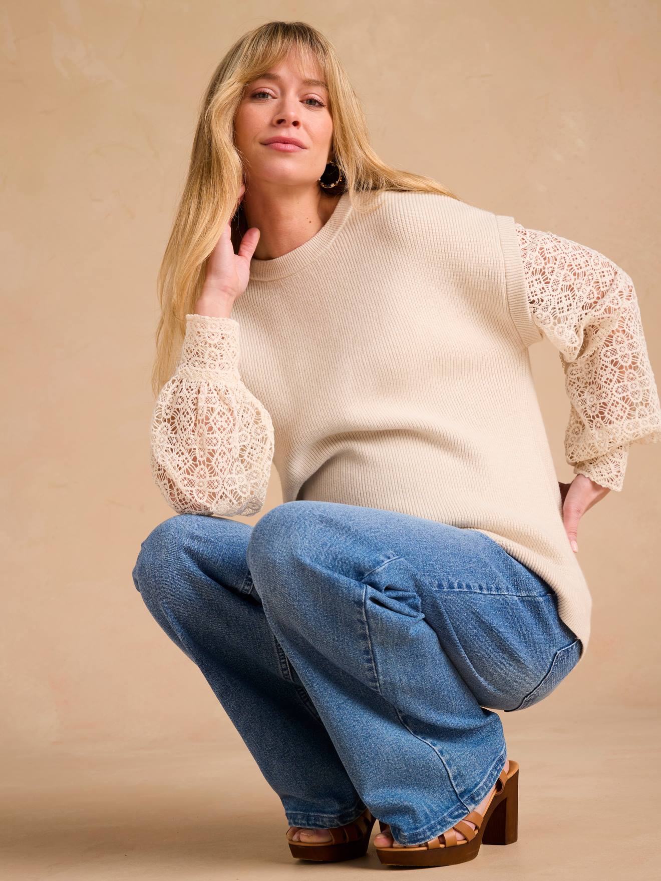 Pull grossesse bi-matière effet 2 en 1 beige