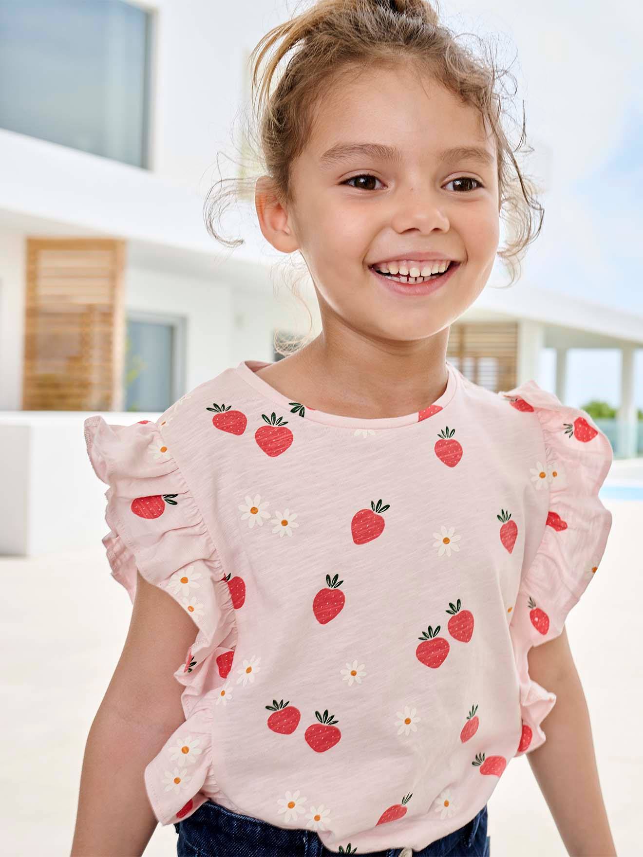 T-shirt à volants motifs fraises fille rose pâle