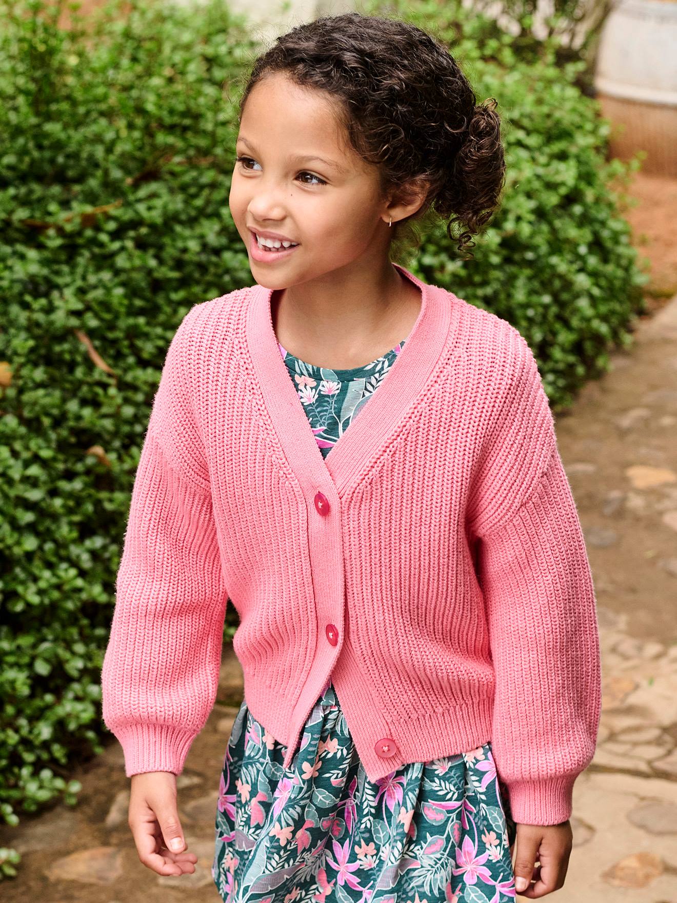 Gilet fille en côte perlée rose