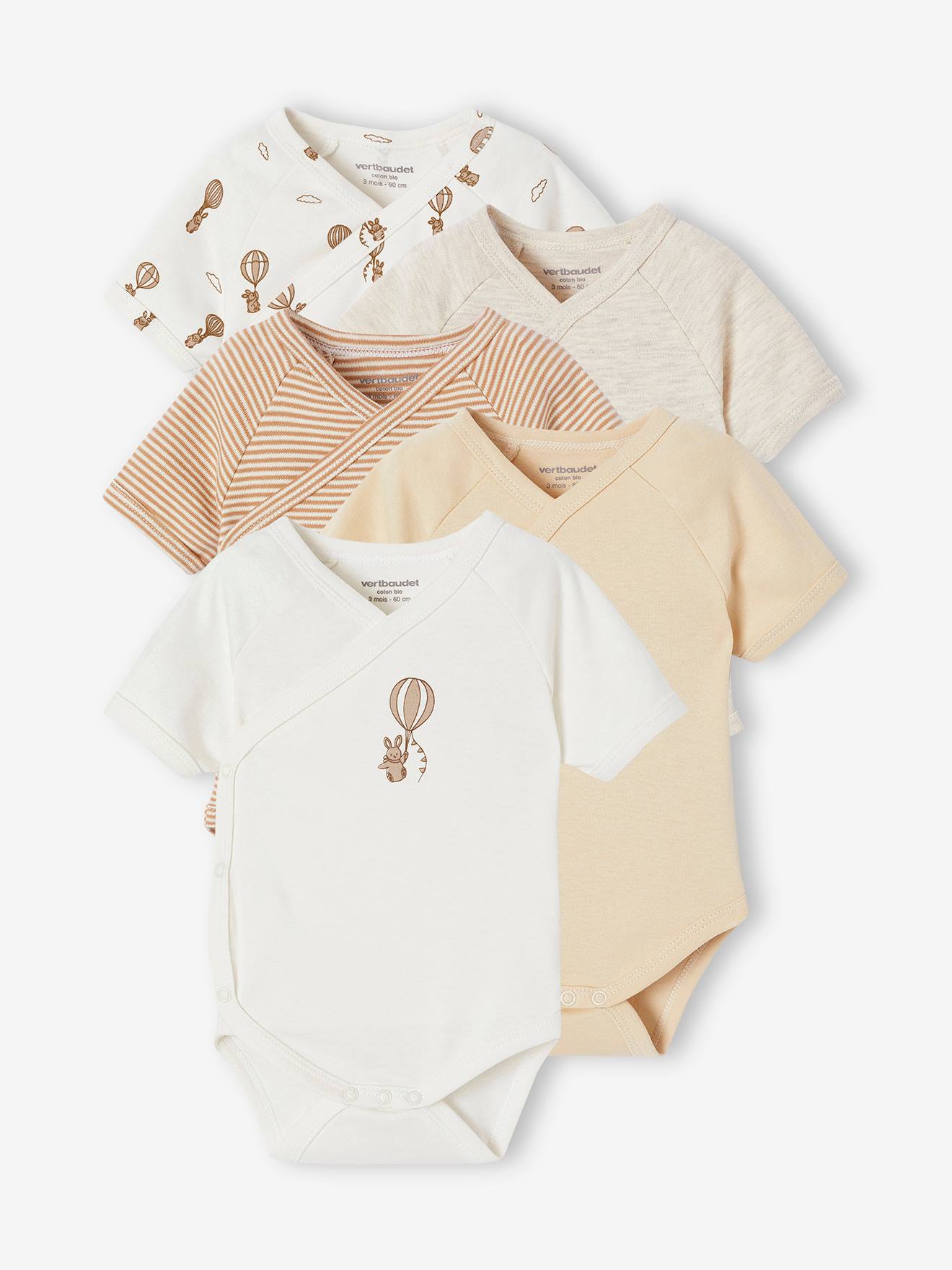 Lot de 5 bodies bébé manches courtes Montgolfière écru