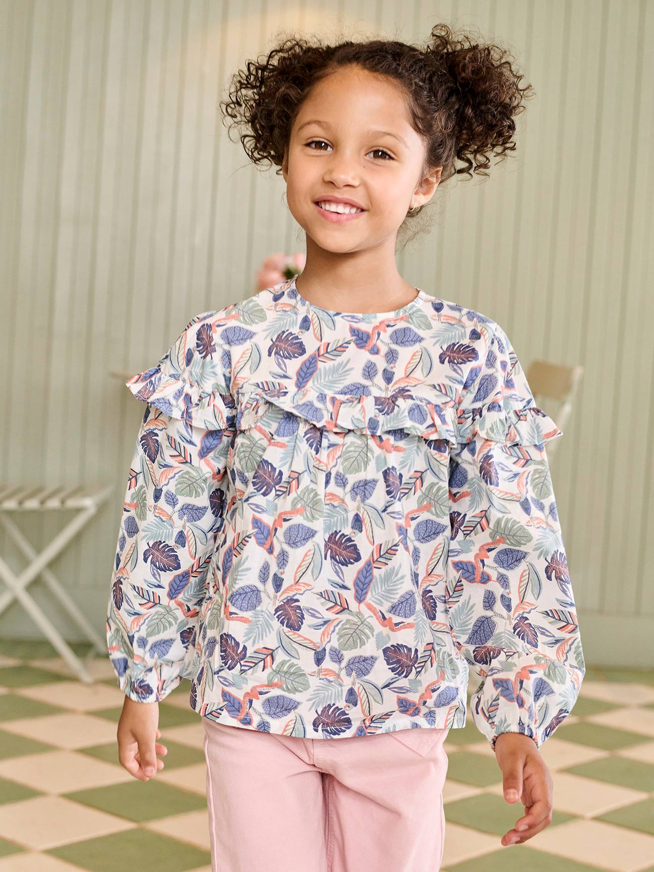 Blouse à volants imprimée fleurs fille blanc imprimé