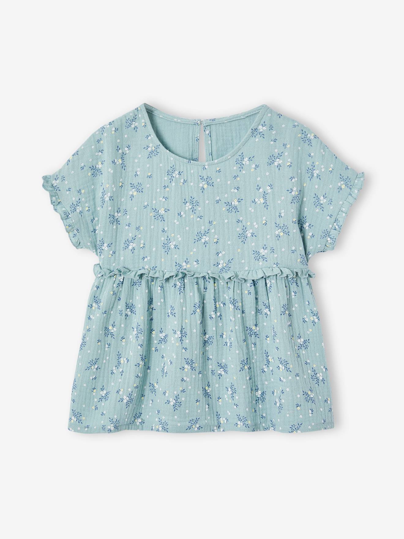 Blouse imprimée en gaze de coton fille bleu grisé