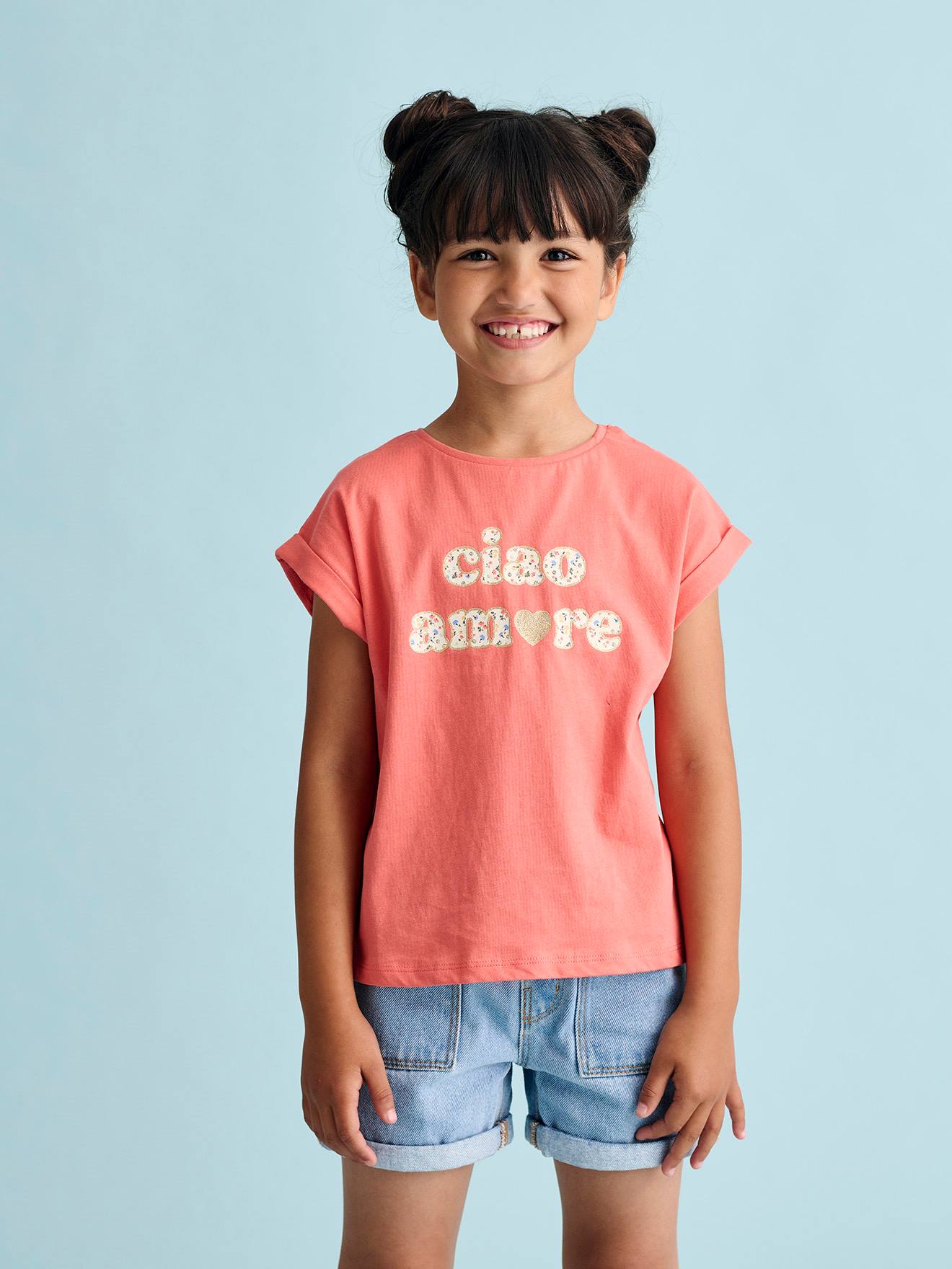 T-shirt à message motifs fleurs fille corail