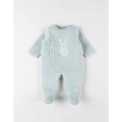 -Pyjama - Nouky - Velours côtelé - Broderie lapin - Passepoil vert d'eau - Anti-dérapants 9M